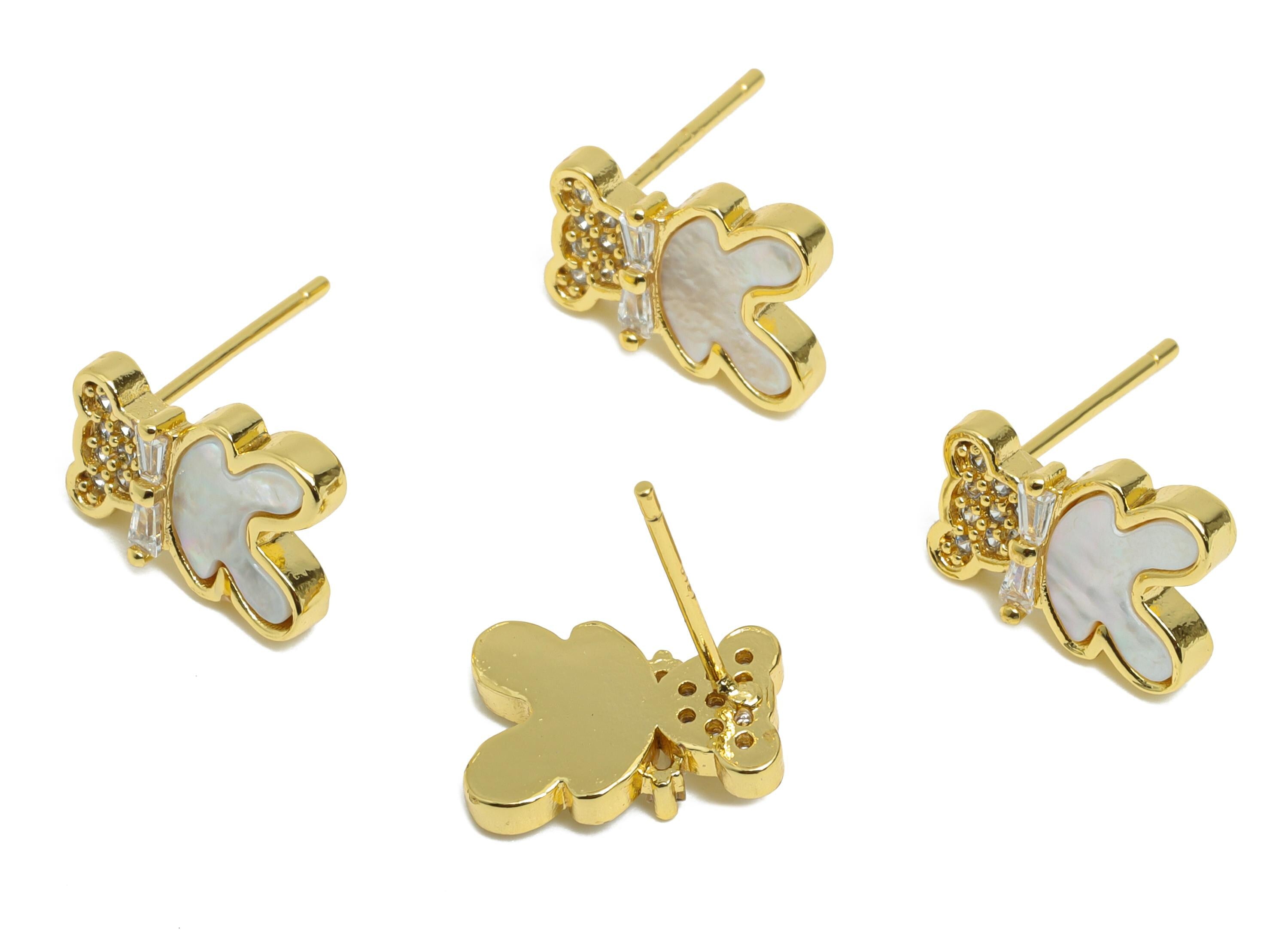 Sparkling Zircon Earring - Brass Bear Seashell Stud Earring - Dainty Earring for Girls - 18K Real Gold Plated - 11.83x8.61x0.77mm - RGP9613 - DOMEDBAZAAR