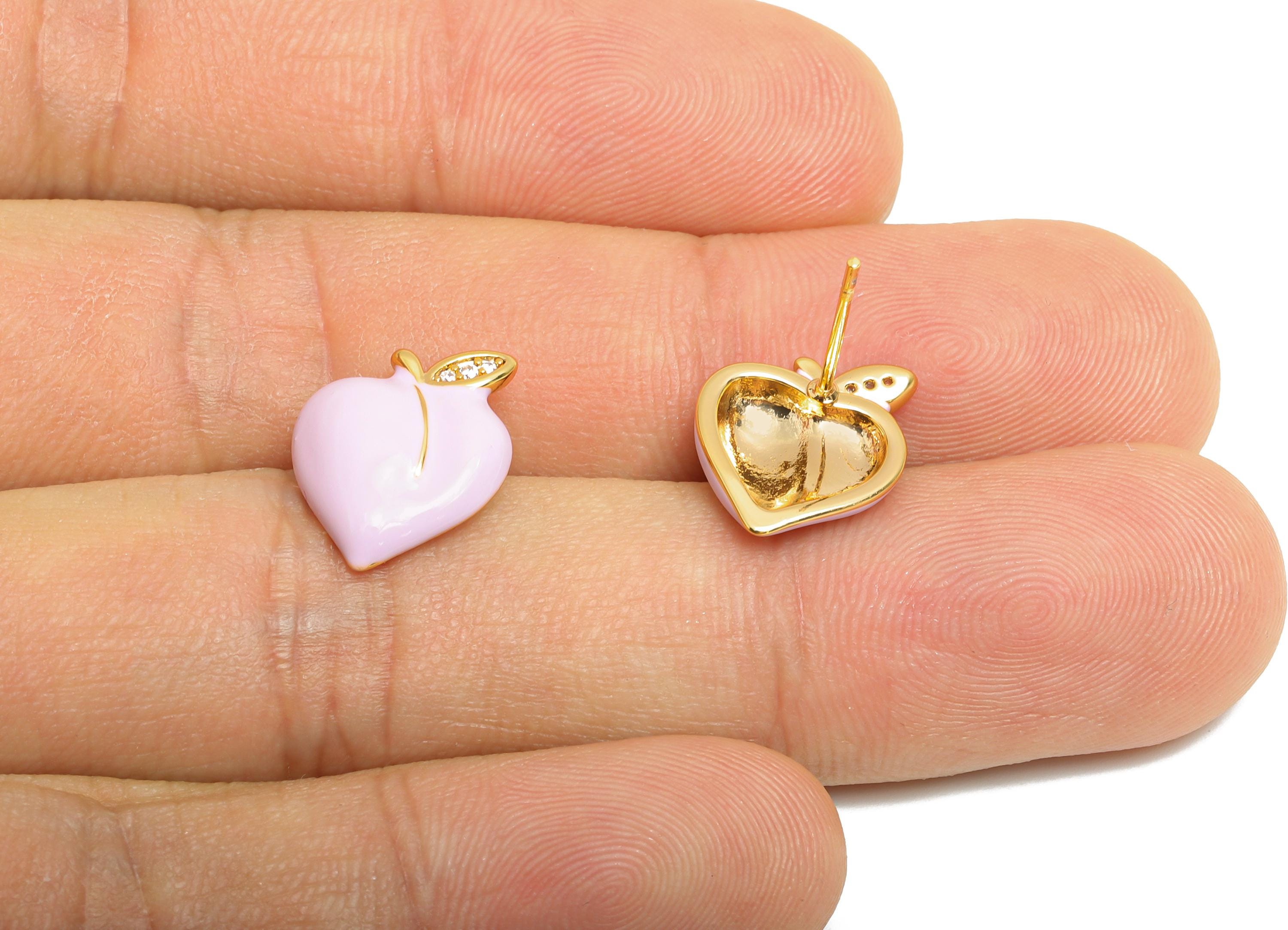 Brass Enamel Peach Earring - Brass CZ Bold Enamel Chic Colorful Stud - Vibrant Enamel Jewelry - 18K Real Gold Plating - 13x11x3mm -RGP10382C - DOMEDBAZAAR