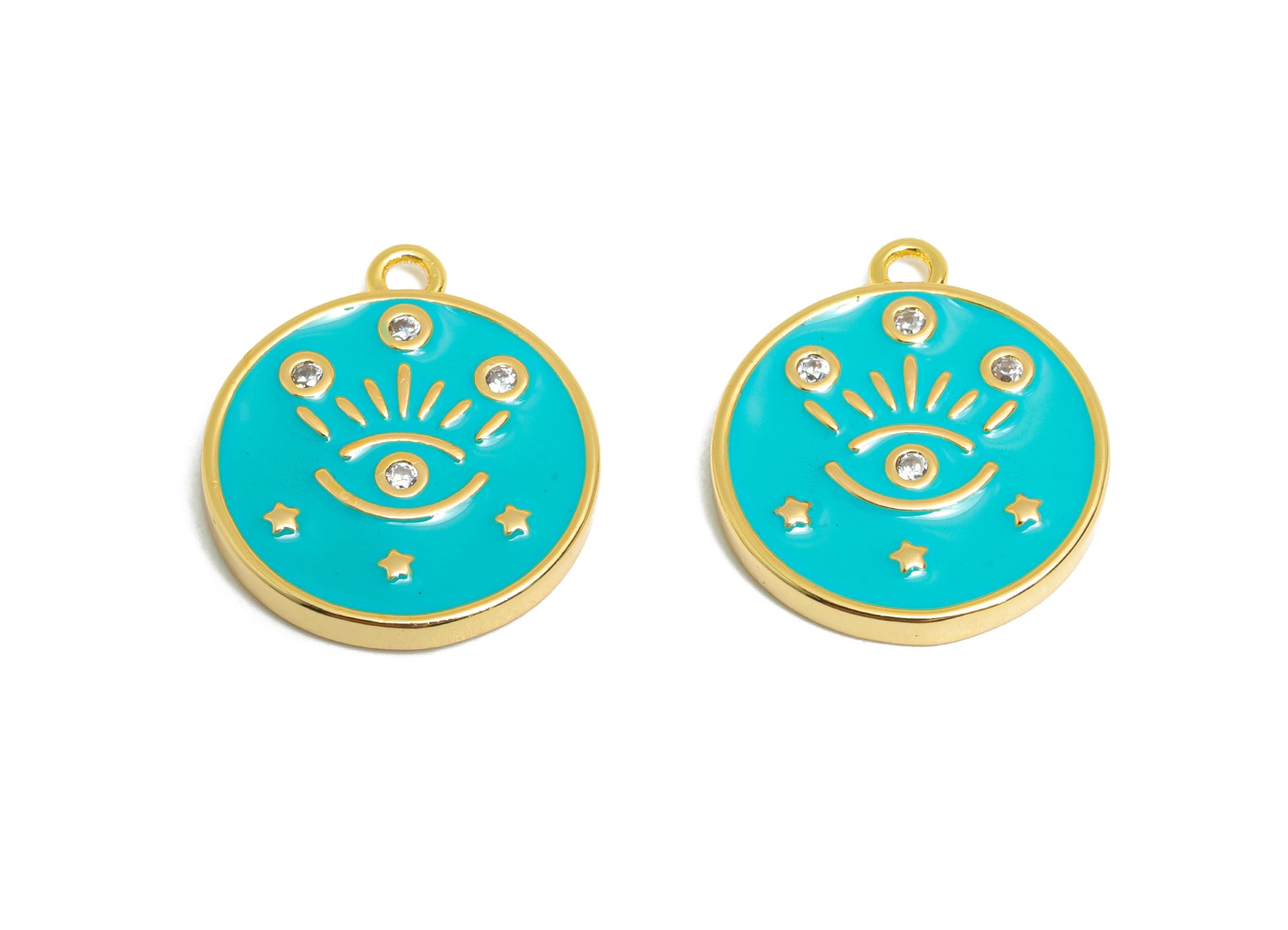 Brass CZ Enamel Eye Charm - Protection Earring Charm - Boho Enamel Pendant Charm - 18K Real Gold Plating - 17x15x1mm -RGP10391A - DOMEDBAZAAR