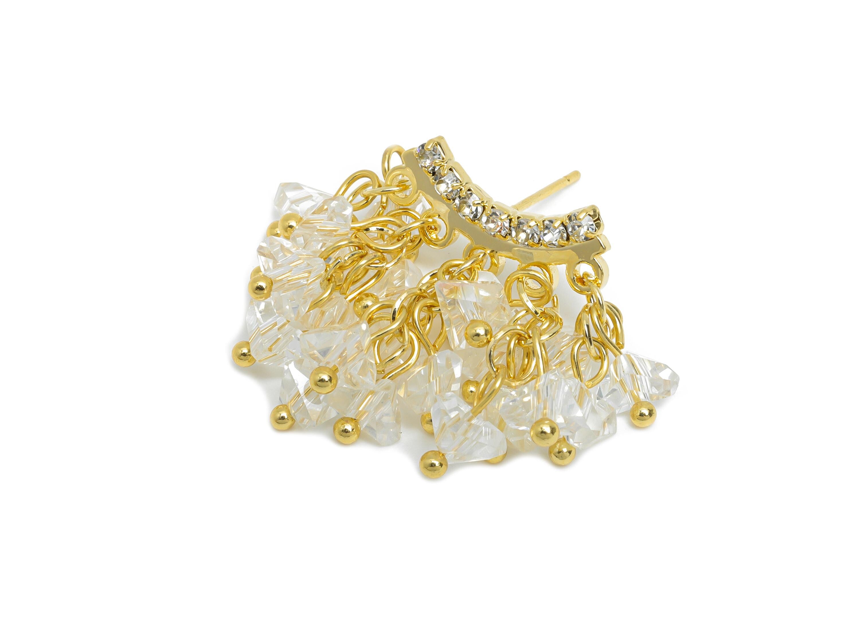 Brass Tassel Earring Post - Gold Arc CZ Tassel Earring Stud - Beaded Crystal Fringe Earring - 18K Gold Plated -27.78x25.64x0.79mm - RGP9601 - DOMEDBAZAAR