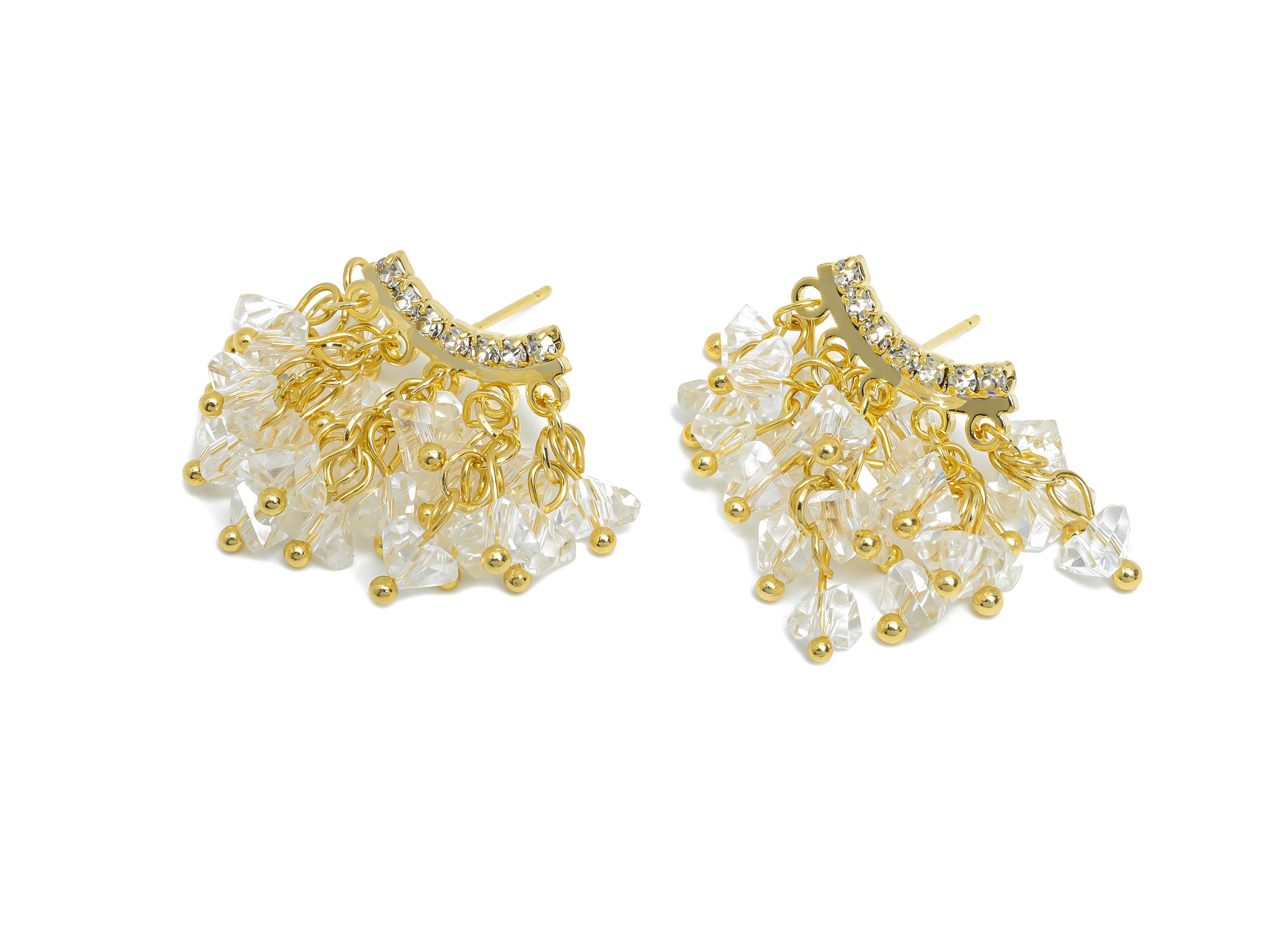 Brass Tassel Earring Post - Gold Arc CZ Tassel Earring Stud - Beaded Crystal Fringe Earring - 18K Gold Plated -27.78x25.64x0.79mm - RGP9601 - DOMEDBAZAAR