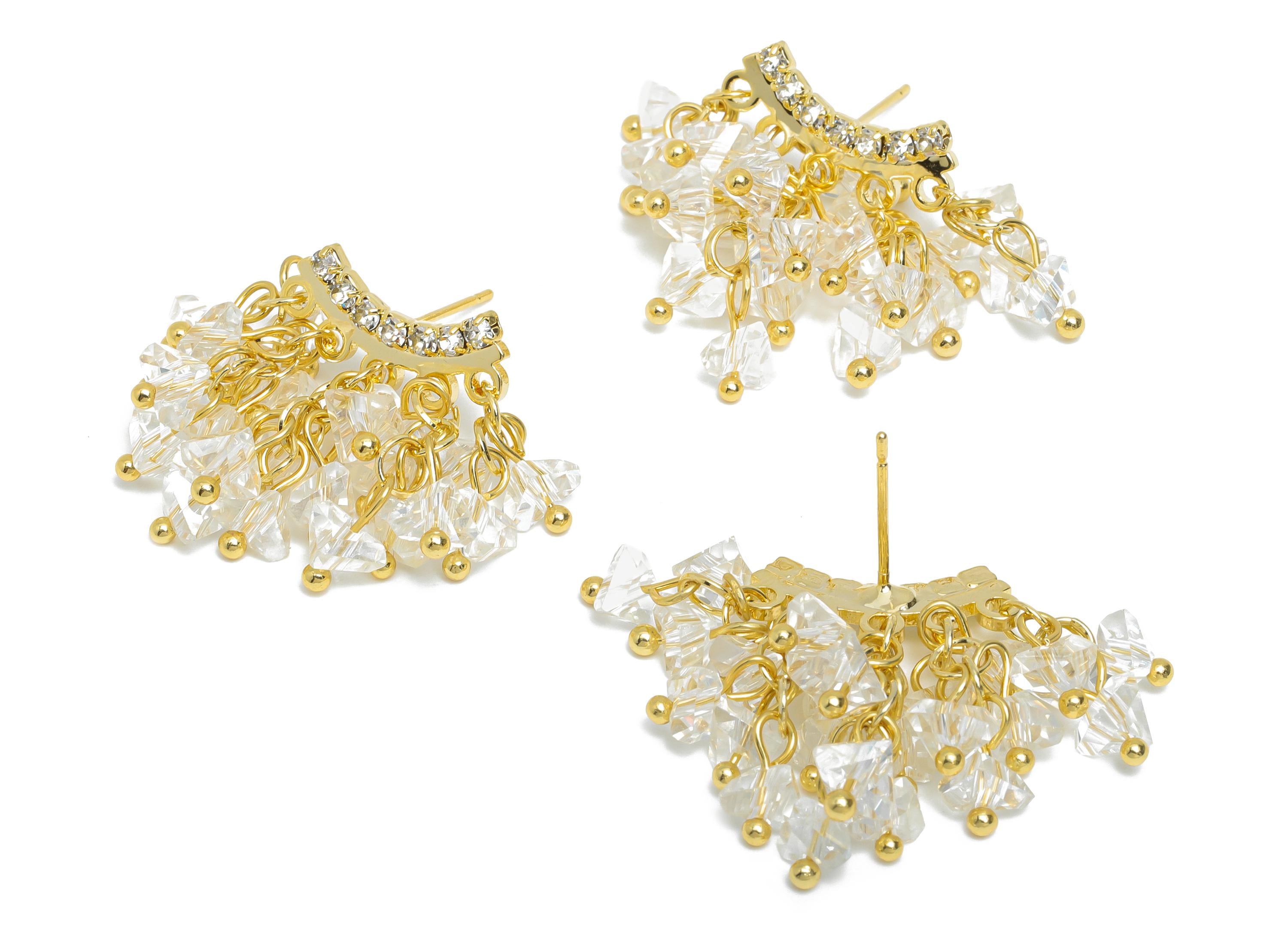 Brass Tassel Earring Post - Gold Arc CZ Tassel Earring Stud - Beaded Crystal Fringe Earring - 18K Gold Plated -27.78x25.64x0.79mm - RGP9601 - DOMEDBAZAAR