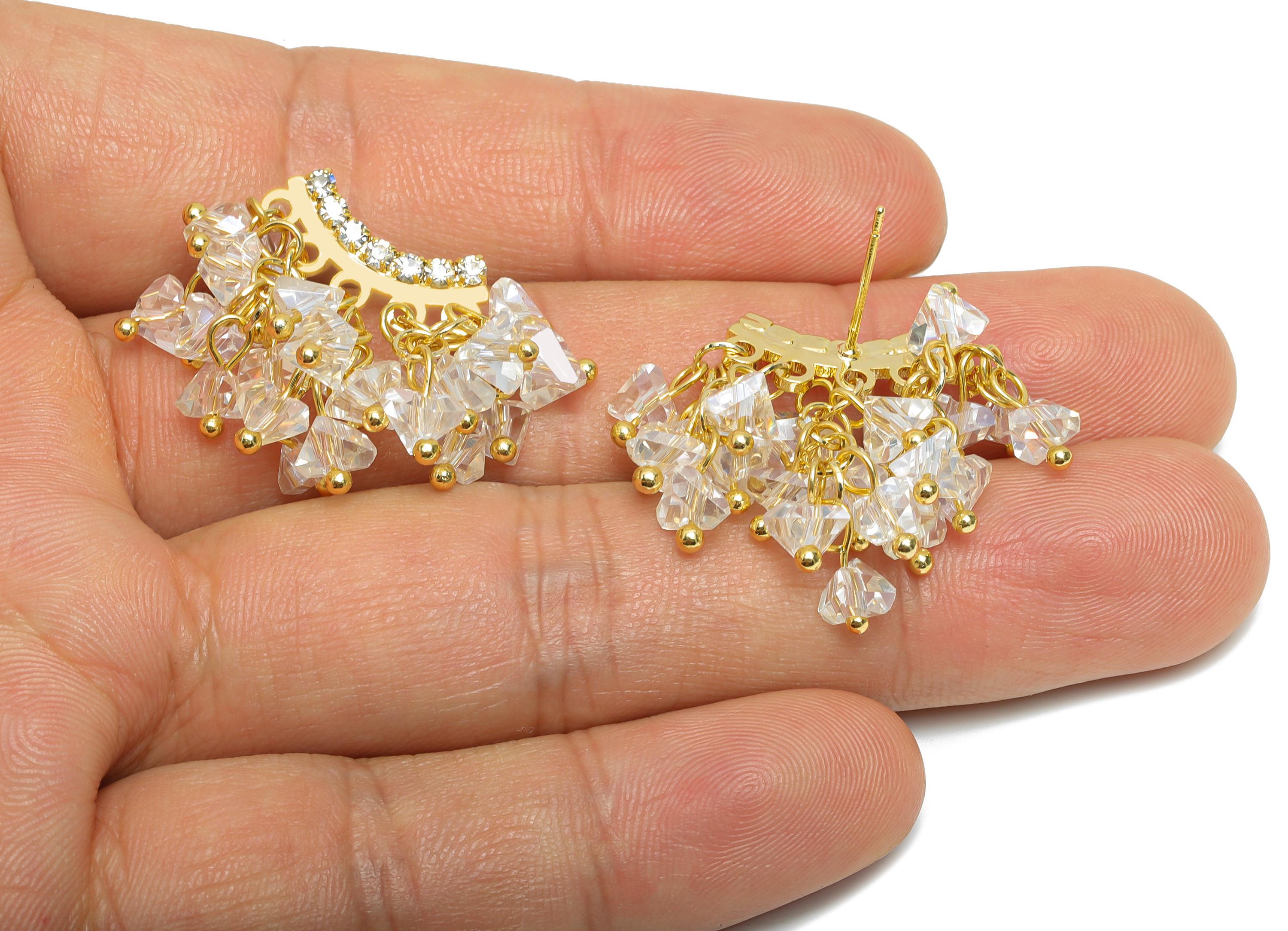 Brass Tassel Earring Post - Gold Arc CZ Tassel Earring Stud - Beaded Crystal Fringe Earring - 18K Gold Plated -27.78x25.64x0.79mm - RGP9601 - DOMEDBAZAAR