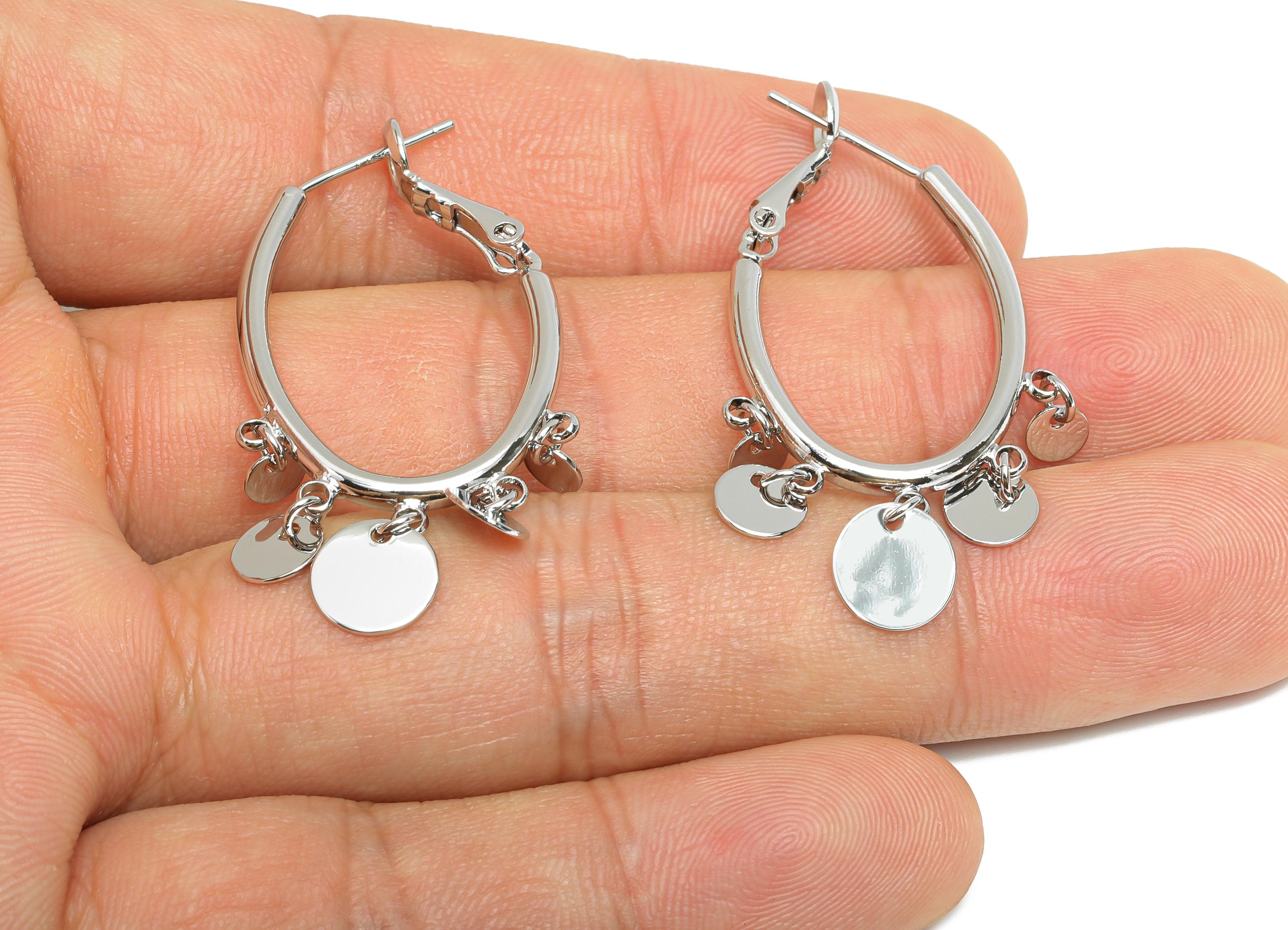 Brass Oval Hoop Dangle Earring - Silver Disc Hanging Earring - Shiny Clasp Back Earring - 18K White Gold Plated - 43x21.5x2.2mm - RGP9535S - DOMEDBAZAAR