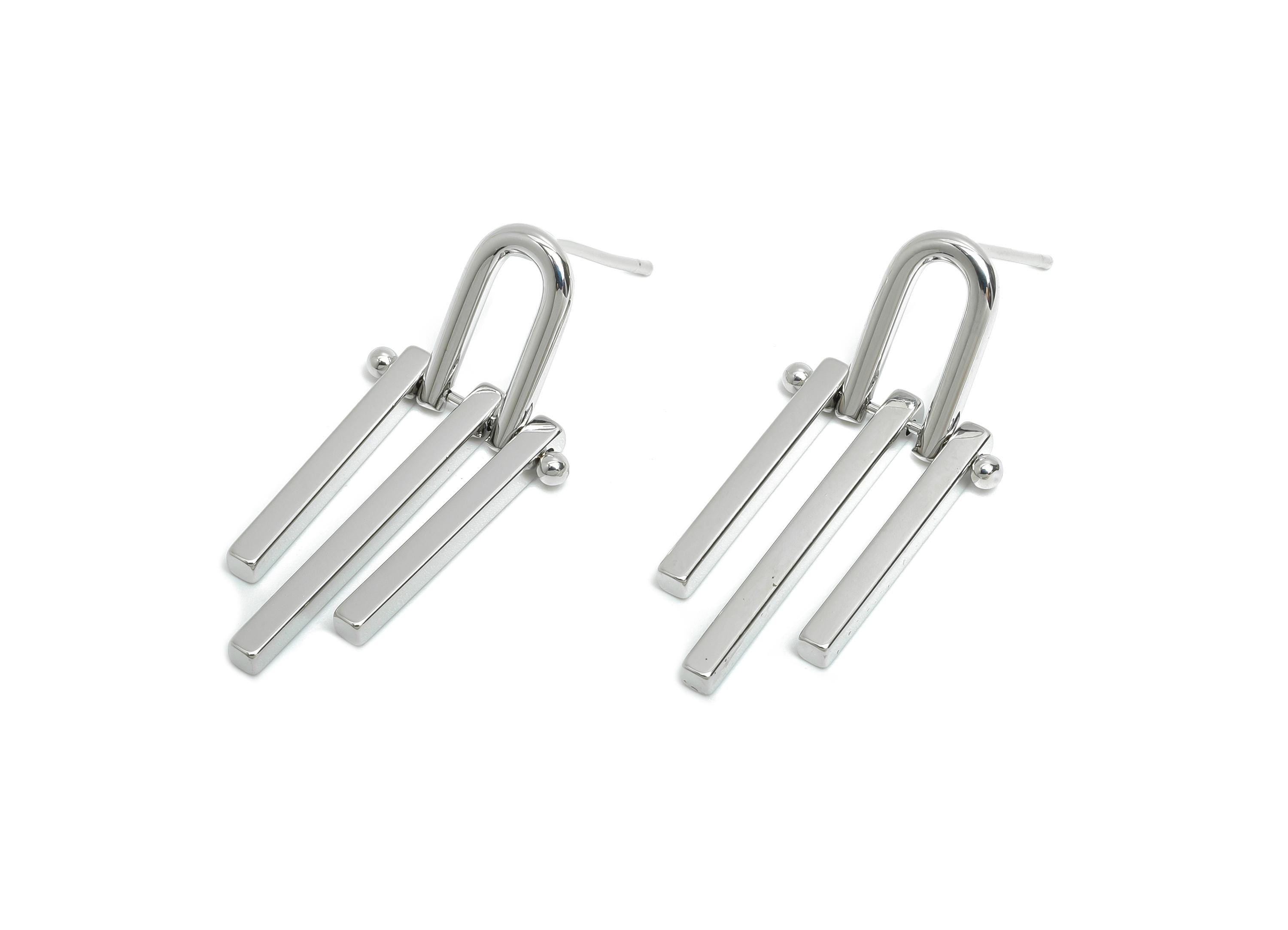 Brass Triple Bars Tassel Earring - White Unique Earring Post - Geometric Dangling Earring -18K Real White Gold Plated -32.8x15x2mm -RGP9534S - DOMEDBAZAAR