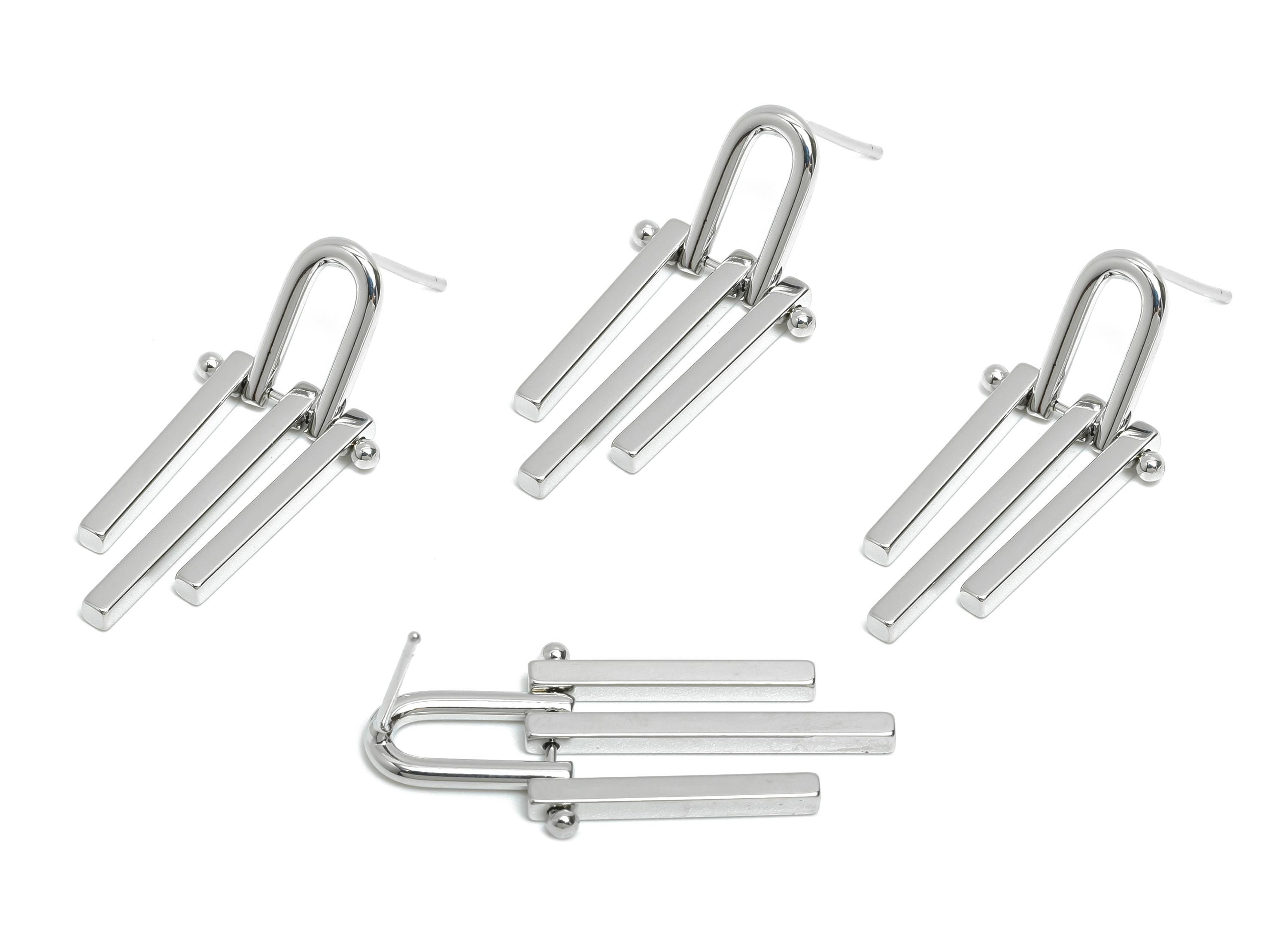 Brass Triple Bars Tassel Earring - White Unique Earring Post - Geometric Dangling Earring -18K Real White Gold Plated -32.8x15x2mm -RGP9534S - DOMEDBAZAAR