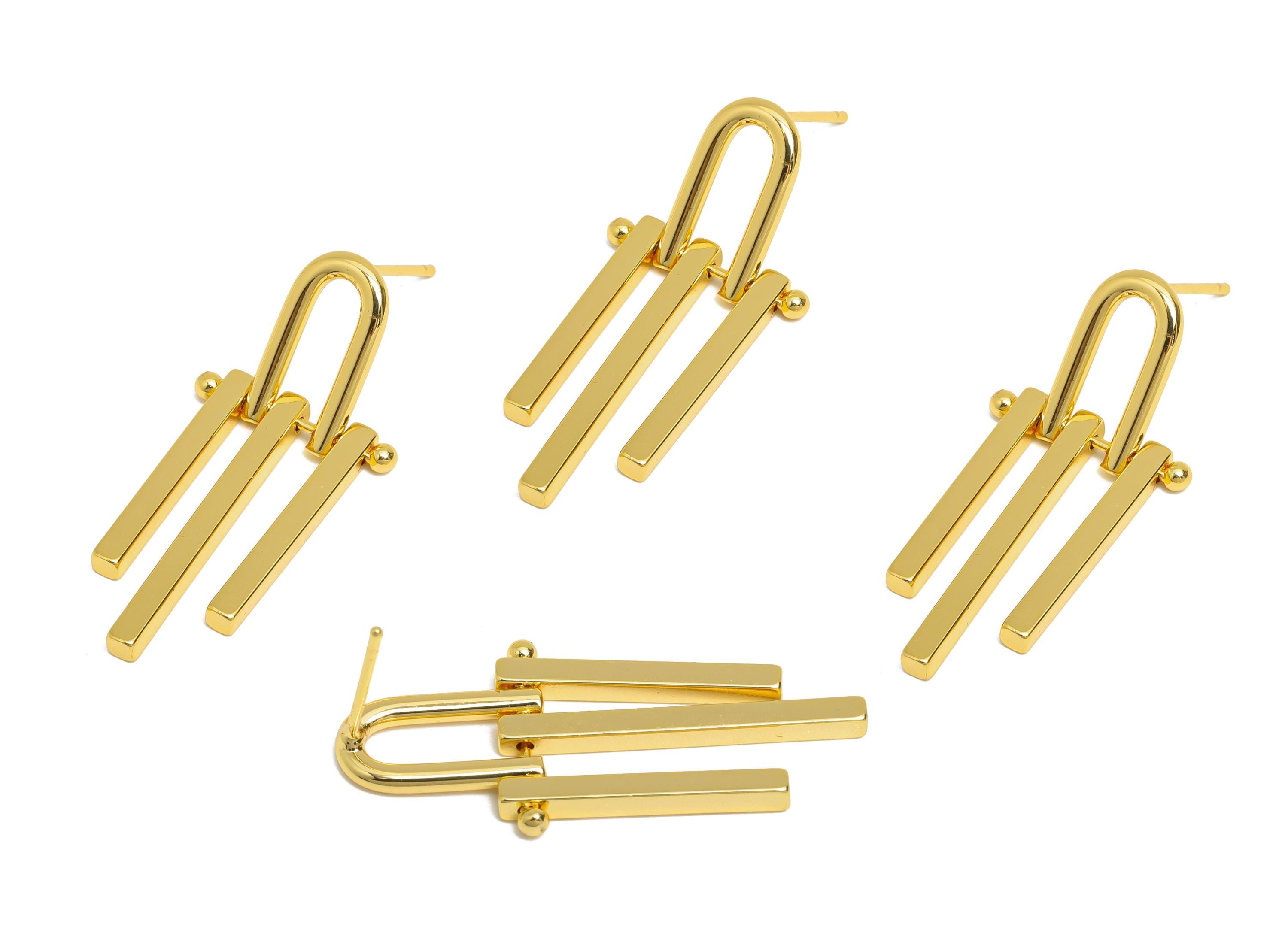 Brass Triple Bars Tassel Earrings - Gold Unique Earring Post - Geometric Dangling Earring - 18K Real Gold Plated Brass -32.8x15x2mm -RGP9534 - DOMEDBAZAAR