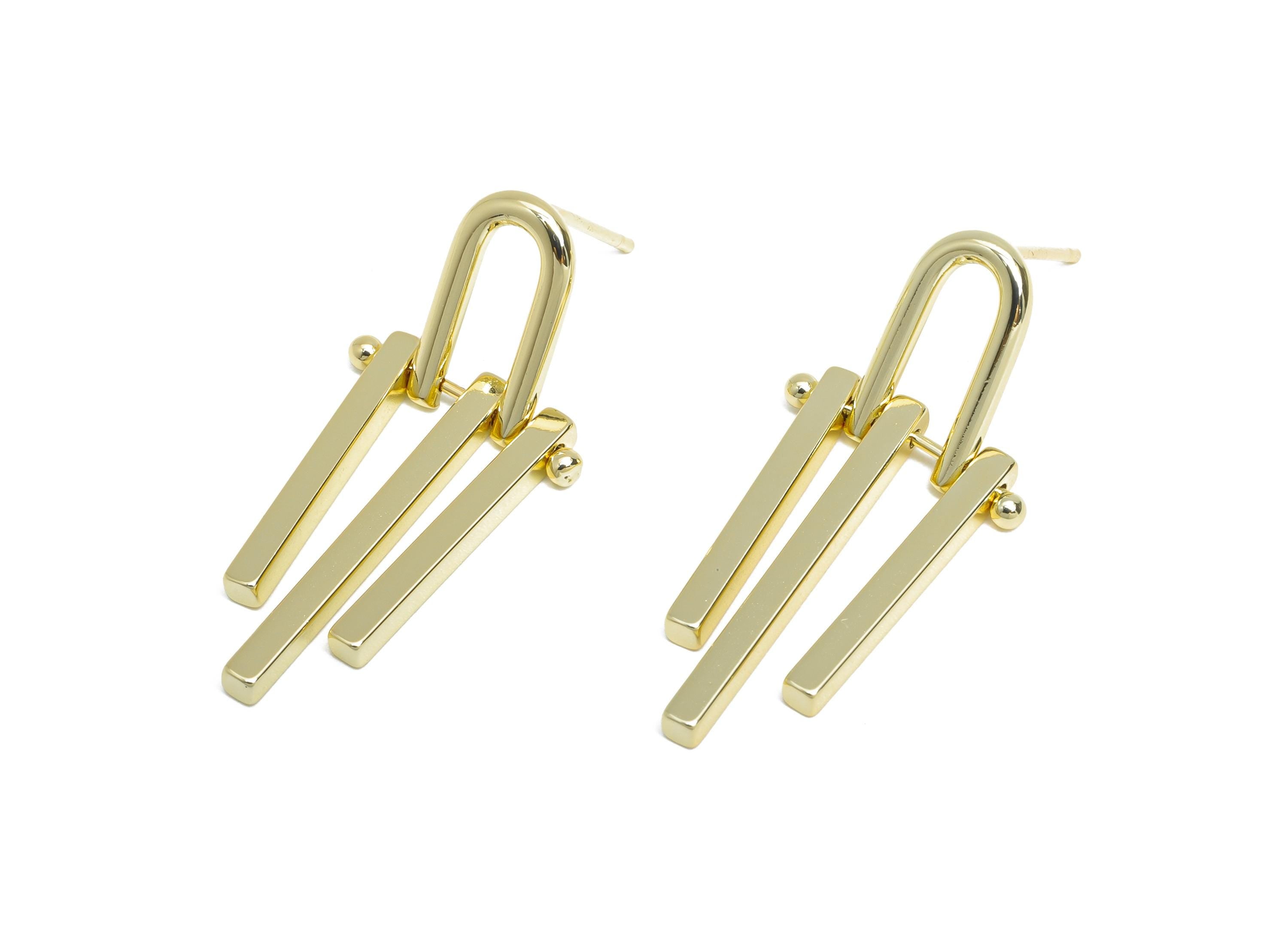 Brass Triple Bars Tassel Earring - Gold Unique Earring Post - Geometric Dangling Earring -14K Real Gold Plated Brass -32.8x15x2mm-RGP9534-14 - DOMEDBAZAAR