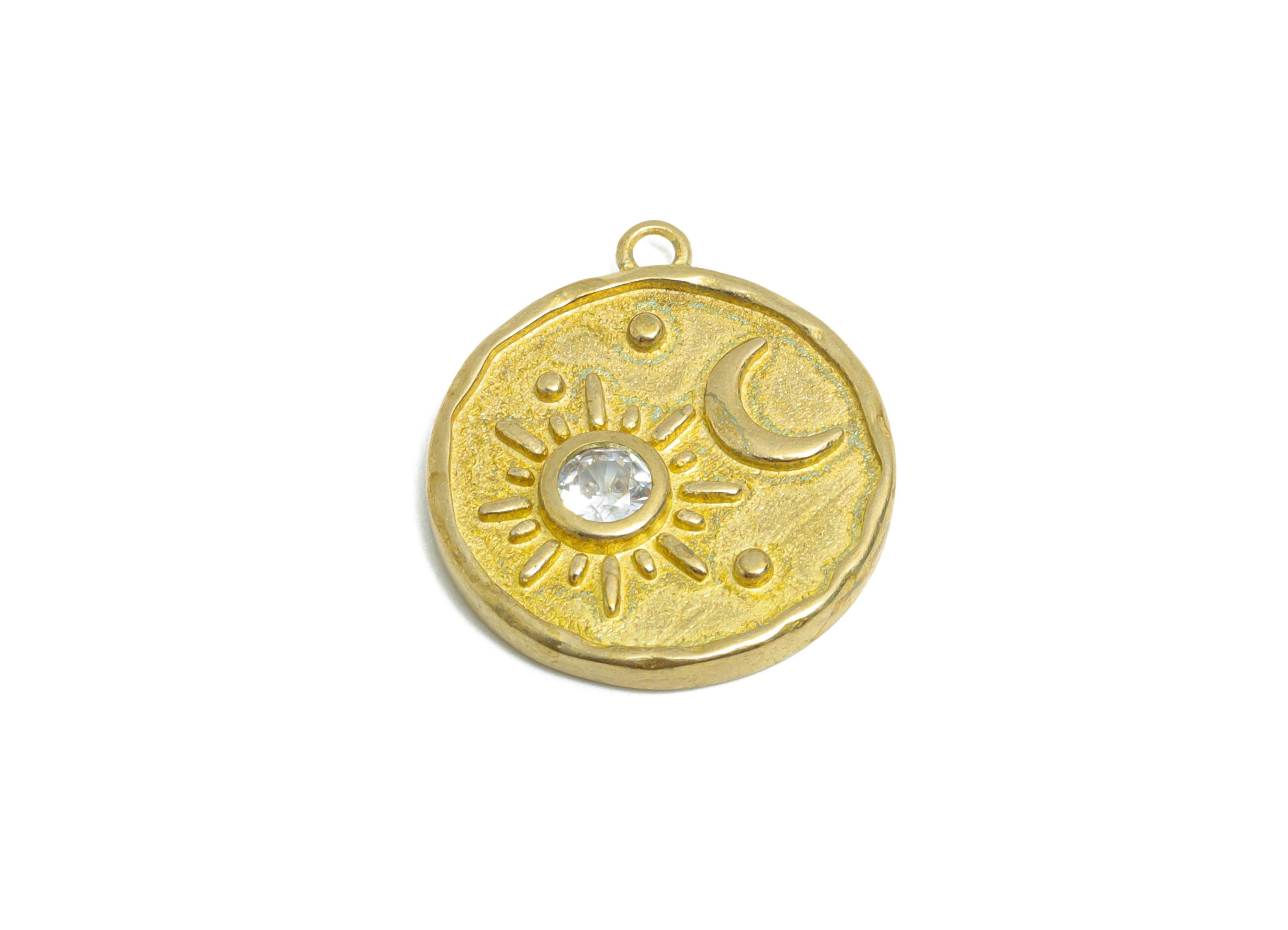CZ Vintage Earring Charm - Raw Brass Zircon Sun and Crescent Pendant - Celestial Jewelry Charm - Astrological Jewelry - 19x16x2mm - PP11035 - DOMEDBAZAAR