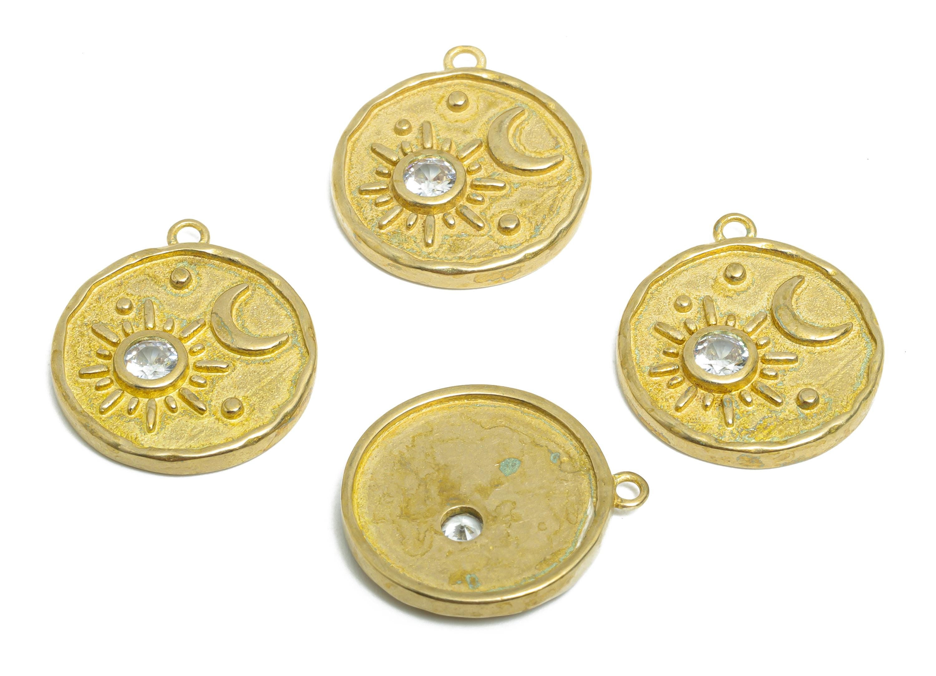 CZ Vintage Earring Charm - Raw Brass Zircon Sun and Crescent Pendant - Celestial Jewelry Charm - Astrological Jewelry - 19x16x2mm - PP11035 - DOMEDBAZAAR