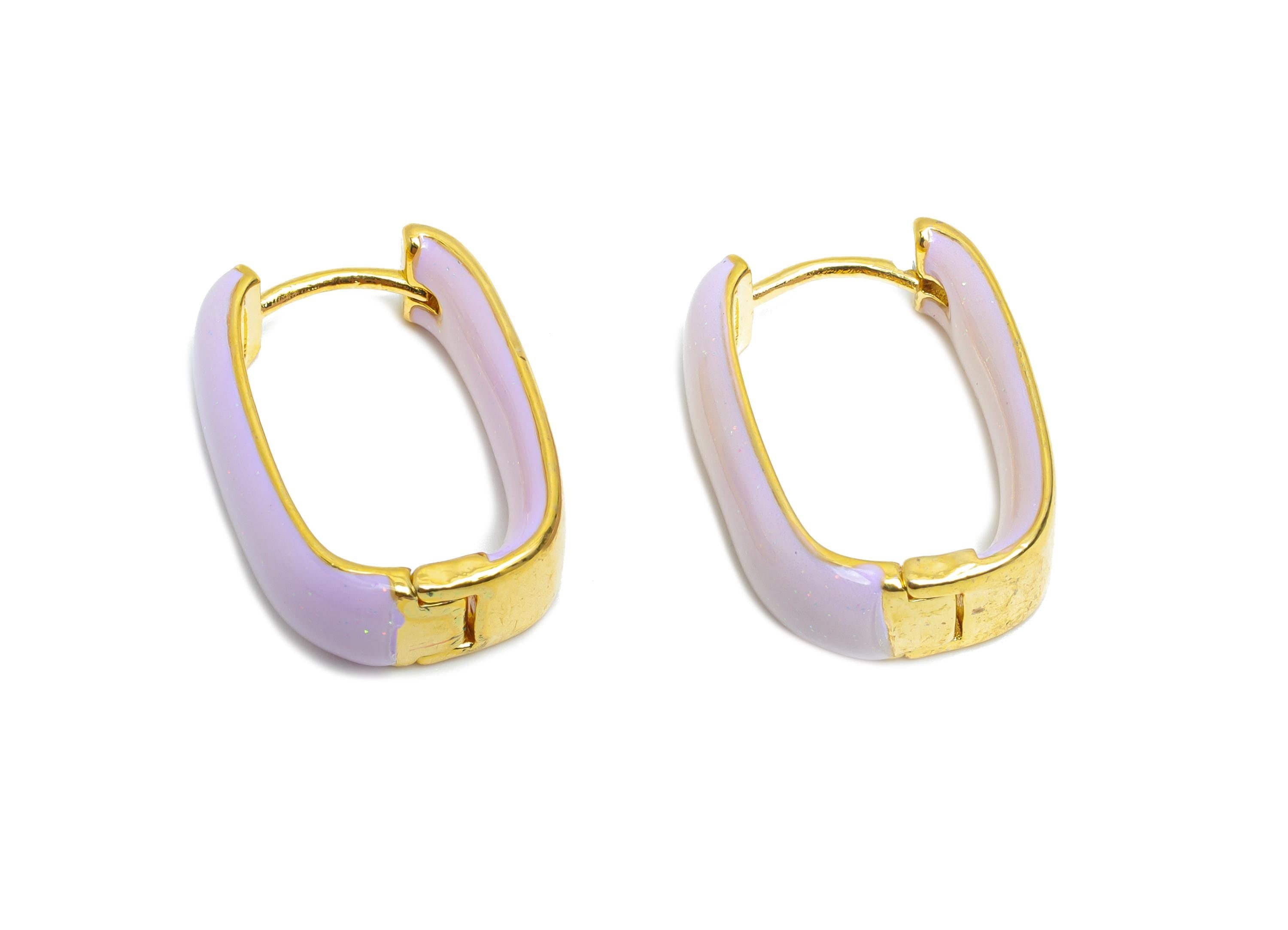 Brass U Shape Hoop Earring - Purple Enamel Chunky Earring - Minimalist Gold Oval Earring - 18K Real Gold Plated -21.01x14.92x6.2mm-RGP9604C - DOMEDBAZAAR