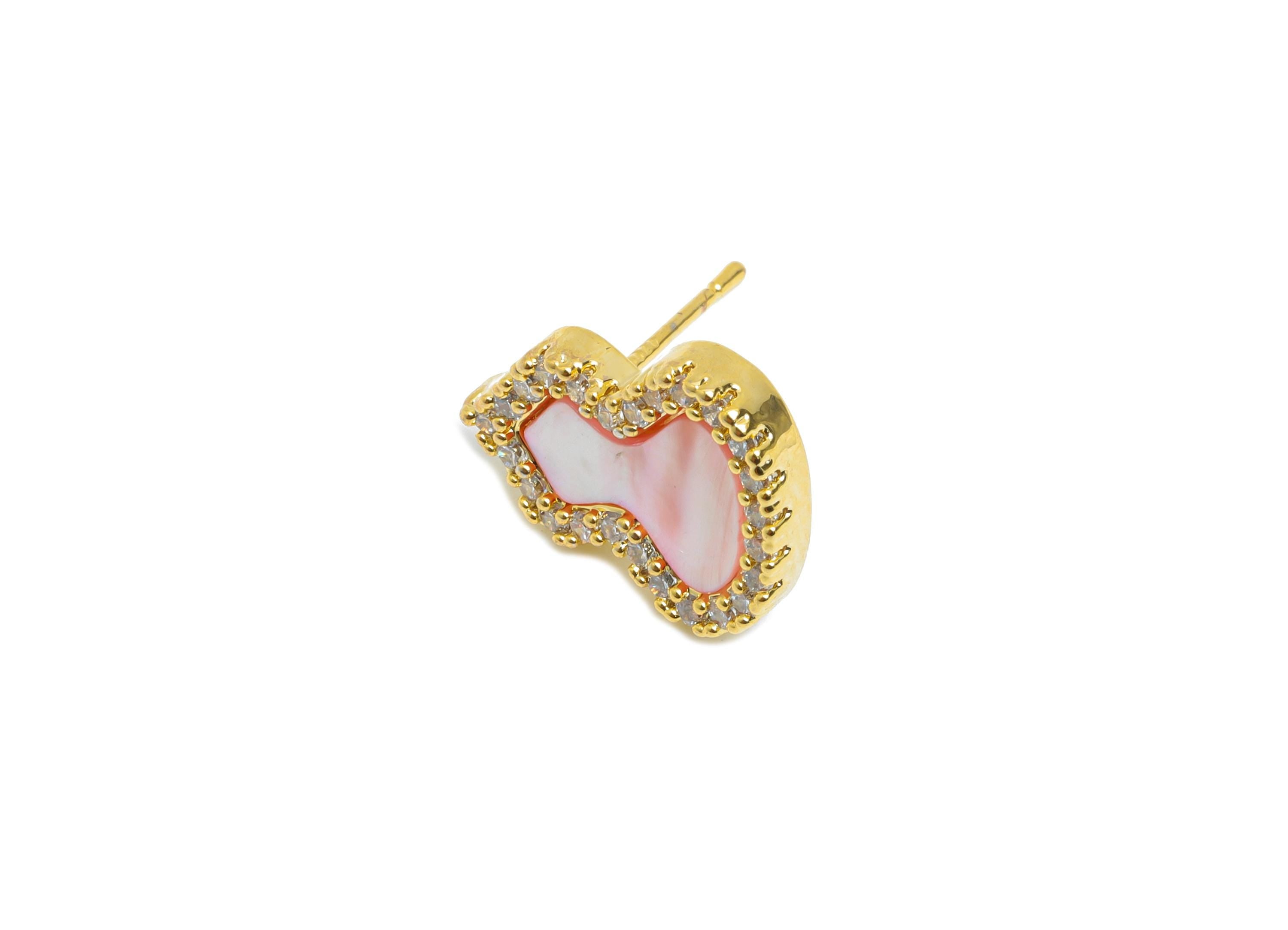 Sparkling Zircon Earrings - Brass Pink Gourd Seashell Earring - Refined Gold Earring Post - 18K Gold Plated - 15.11x11.87x0.74mm - RGP9597B - DOMEDBAZAAR