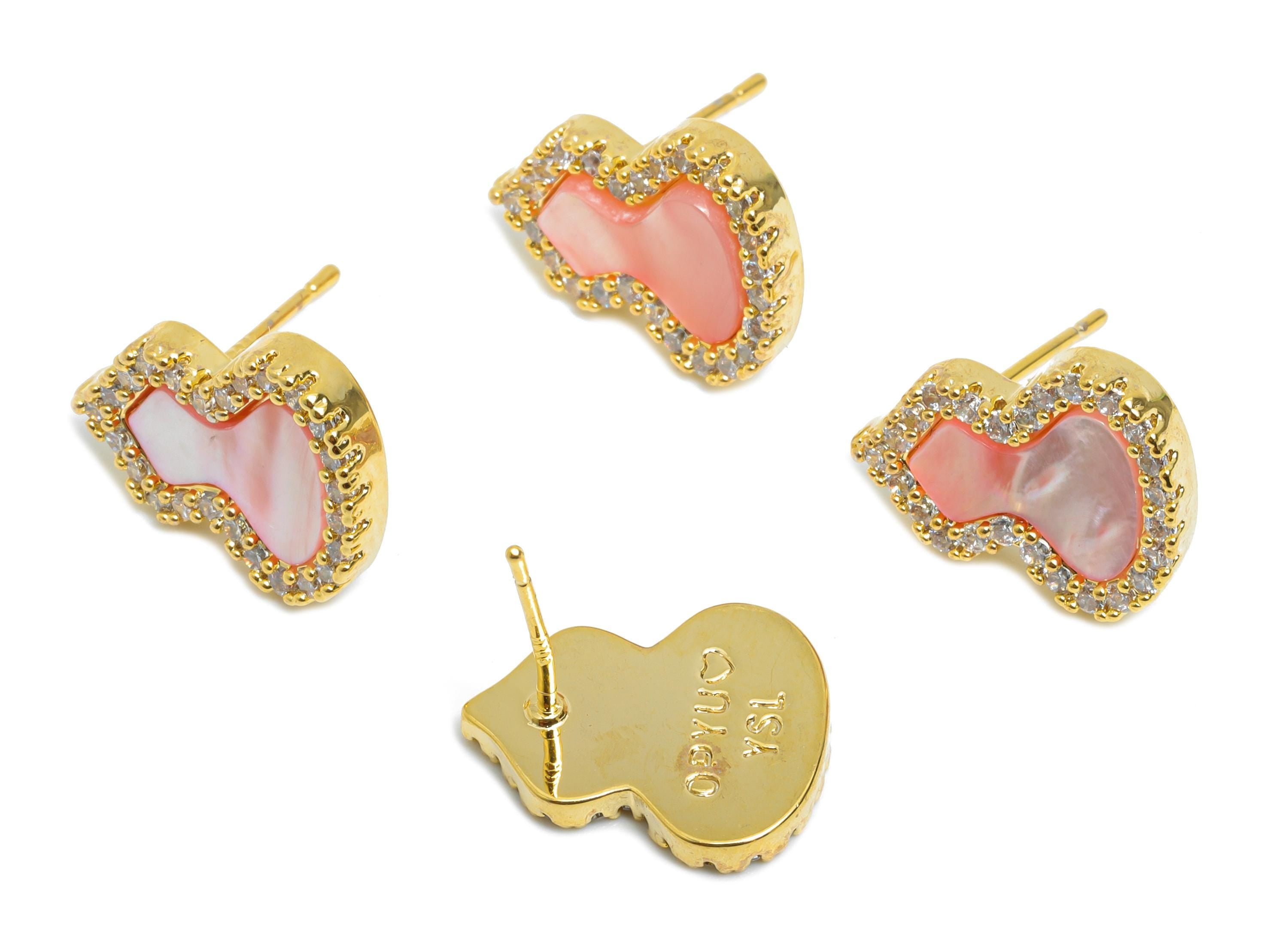 Sparkling Zircon Earrings - Brass Pink Gourd Seashell Earring - Refined Gold Earring Post - 18K Gold Plated - 15.11x11.87x0.74mm - RGP9597B - DOMEDBAZAAR