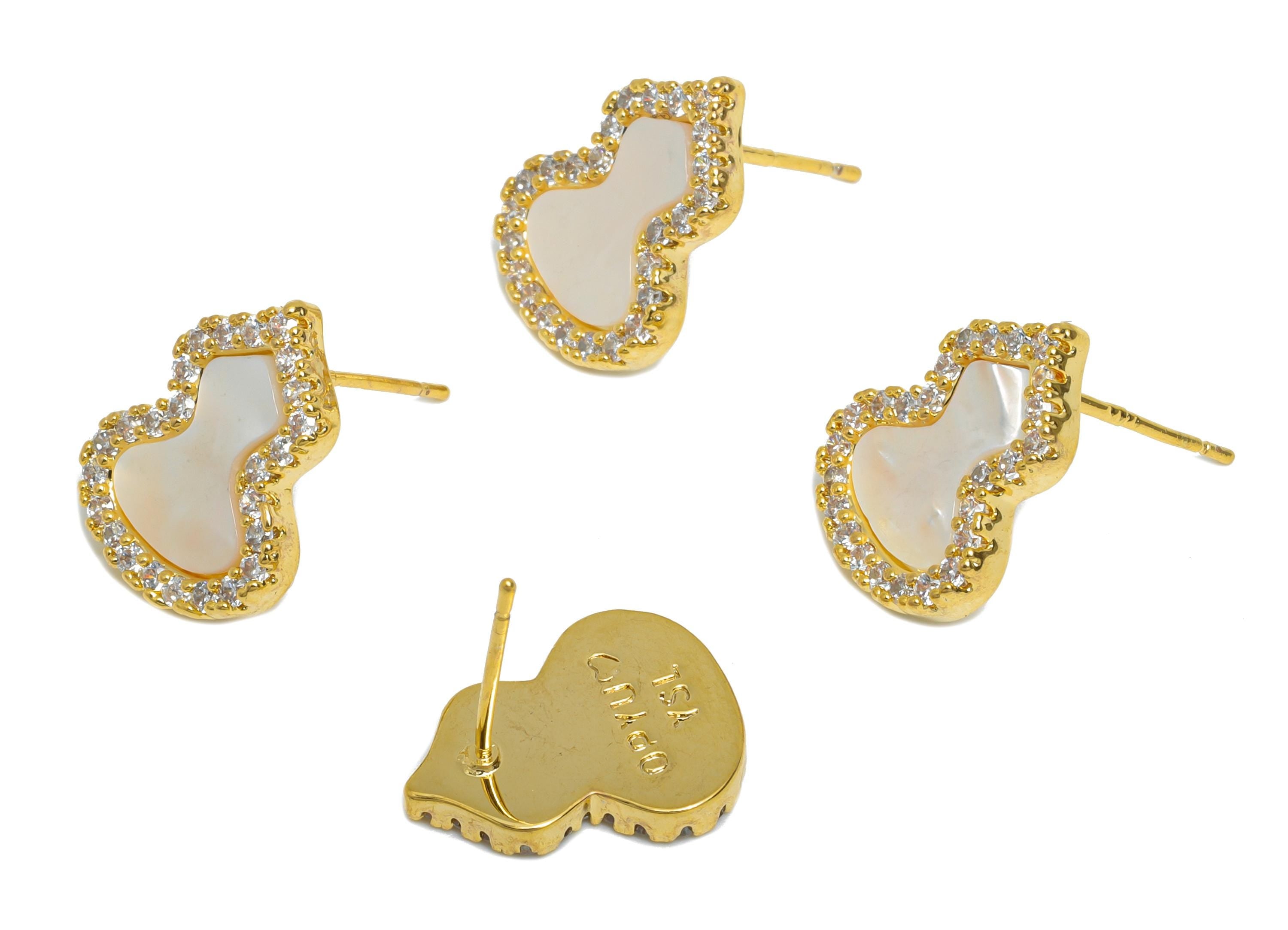 Sparkling Zircon Earrings - Brass Gourd Seashell Earring - Refined Gold Earring Post - 18K Real Gold Plated - 15.11x11.87x0.74mm - RGP9597C - DOMEDBAZAAR