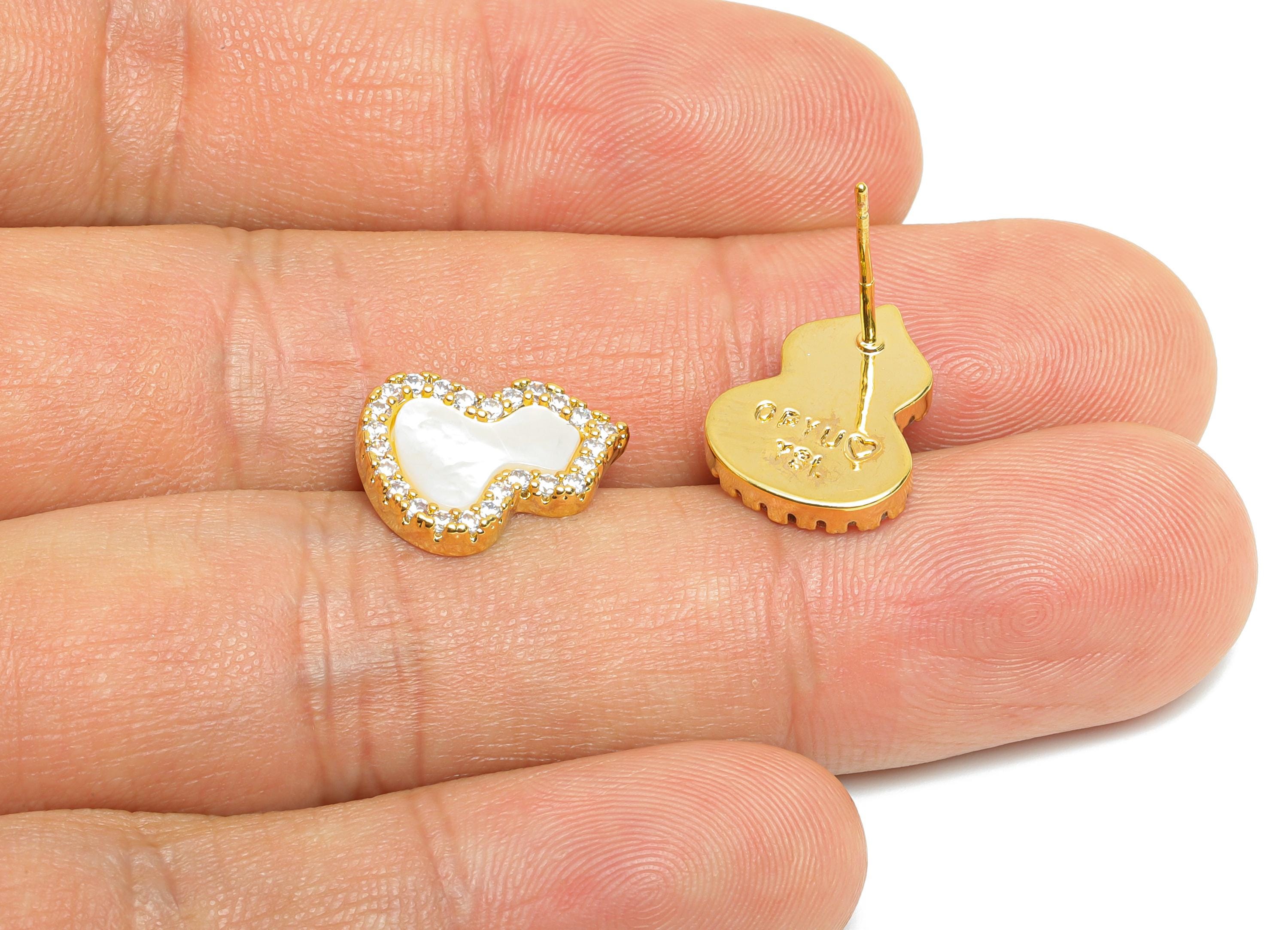 Sparkling Zircon Earrings - Brass Gourd Seashell Earring - Refined Gold Earring Post - 18K Real Gold Plated - 15.11x11.87x0.74mm - RGP9597C - DOMEDBAZAAR