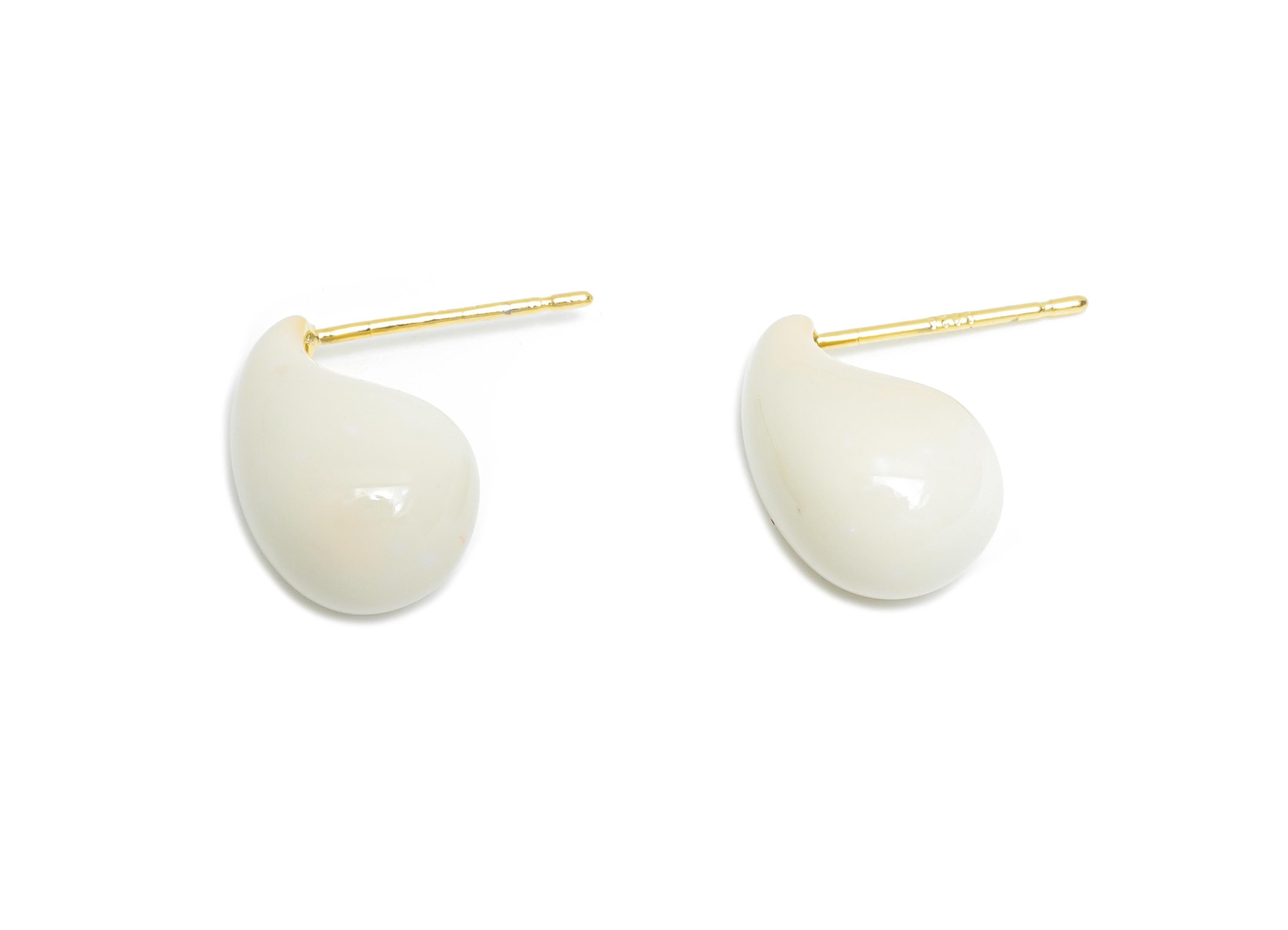 Brass Teardrop Stud Earring - White Curved Drop Enamel Earring Post - Gold Everday Jewelry - 18K Real Gold Plated-16.51x8.42x0.72mm-RGP9602A - DOMEDBAZAAR