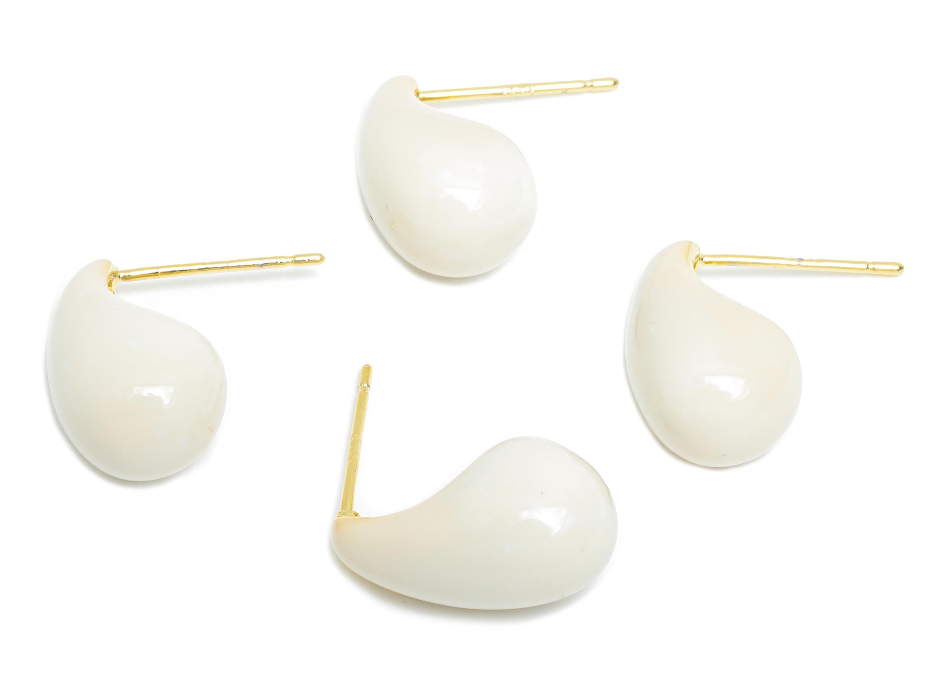 Brass Teardrop Stud Earring - White Curved Drop Enamel Earring Post - Gold Everday Jewelry - 18K Real Gold Plated-16.51x8.42x0.72mm-RGP9602A - DOMEDBAZAAR