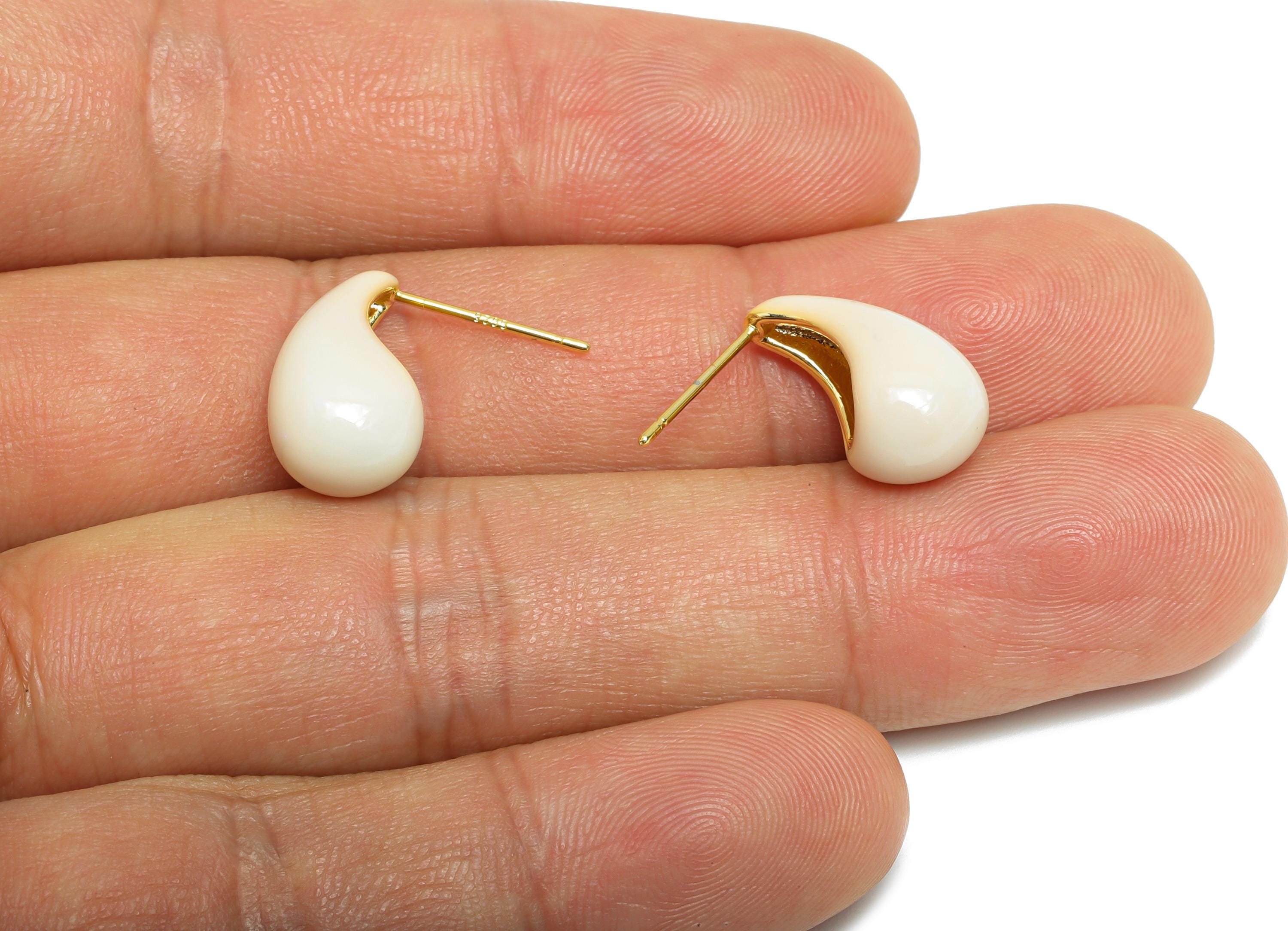 Brass Teardrop Stud Earring - White Curved Drop Enamel Earring Post - Gold Everday Jewelry - 18K Real Gold Plated-16.51x8.42x0.72mm-RGP9602A - DOMEDBAZAAR