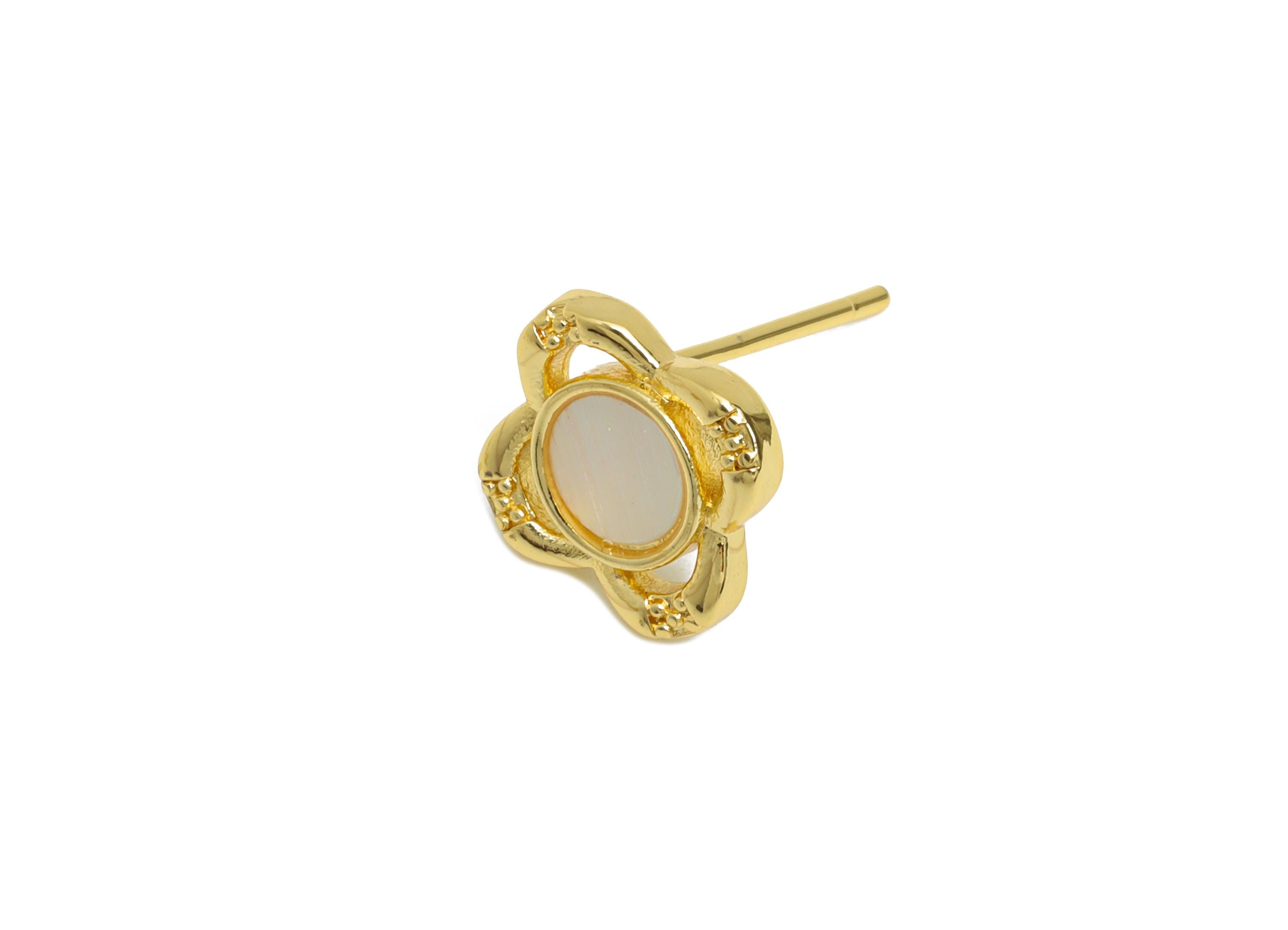 Sparkling Zircon Earrings - Brass Flower Seashell Earrings - Refined Gold Earring Post - 18K Real Gold Plated - 10.7x10.86x0.79mm - RGP9615 - DOMEDBAZAAR