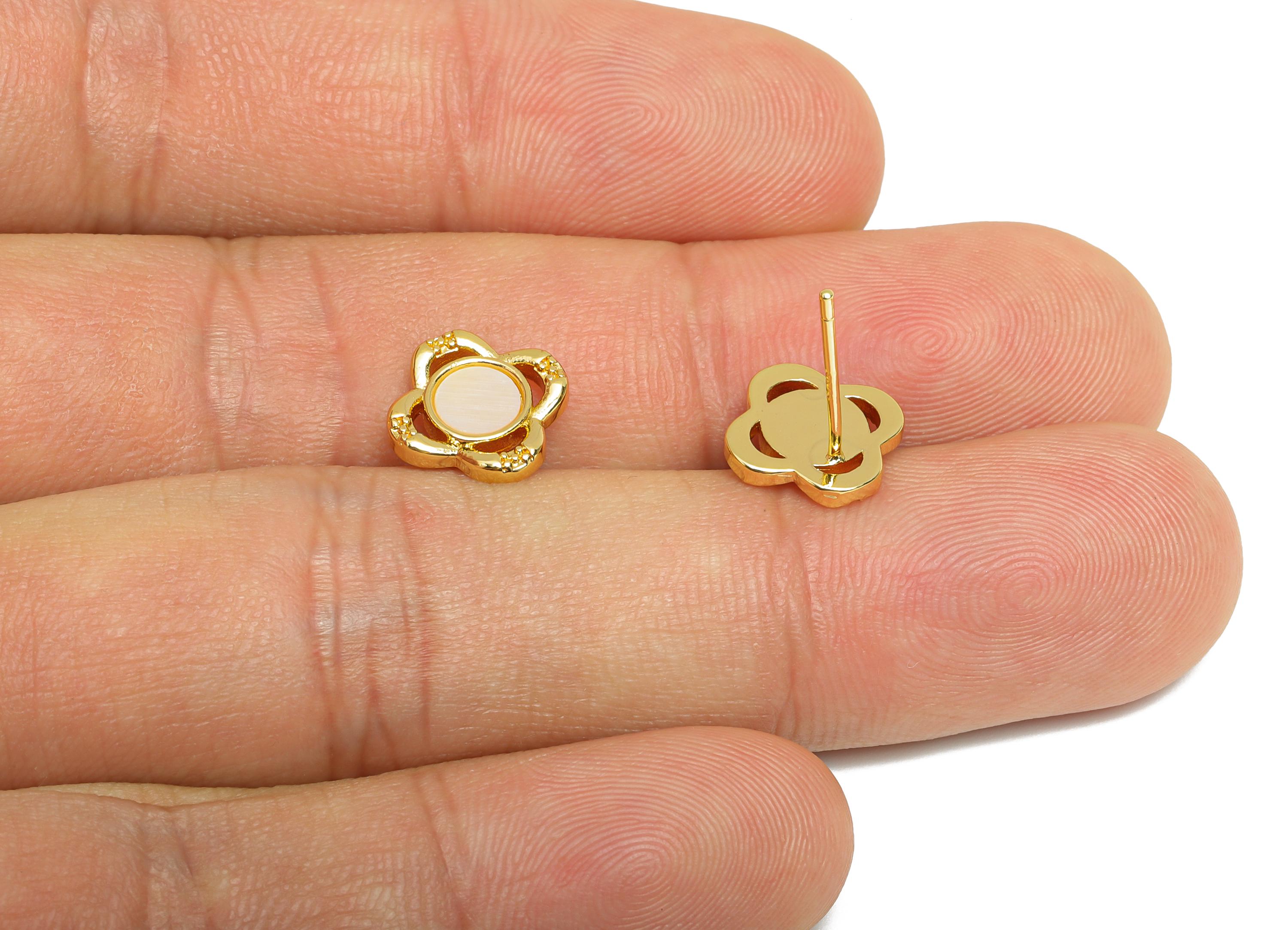 Sparkling Zircon Earrings - Brass Flower Seashell Earrings - Refined Gold Earring Post - 18K Real Gold Plated - 10.7x10.86x0.79mm - RGP9615 - DOMEDBAZAAR