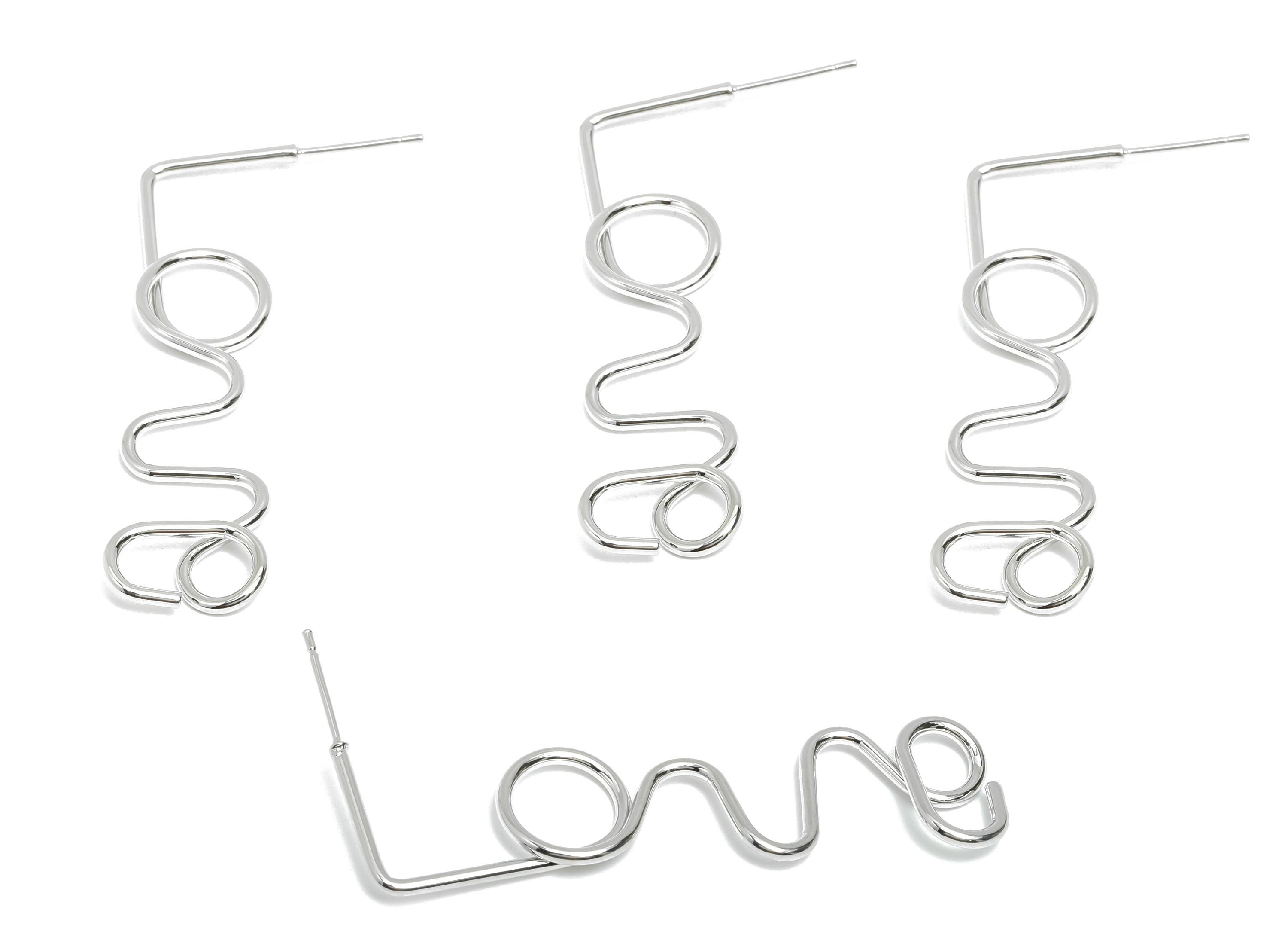 Brass Wire Earring Stud - Silver Abstract Love Wire Earring - Unique Irregular Earring - 18K White Gold Plated - 51.69x13.88x2.9mm -RGP9564S - DOMEDBAZAAR