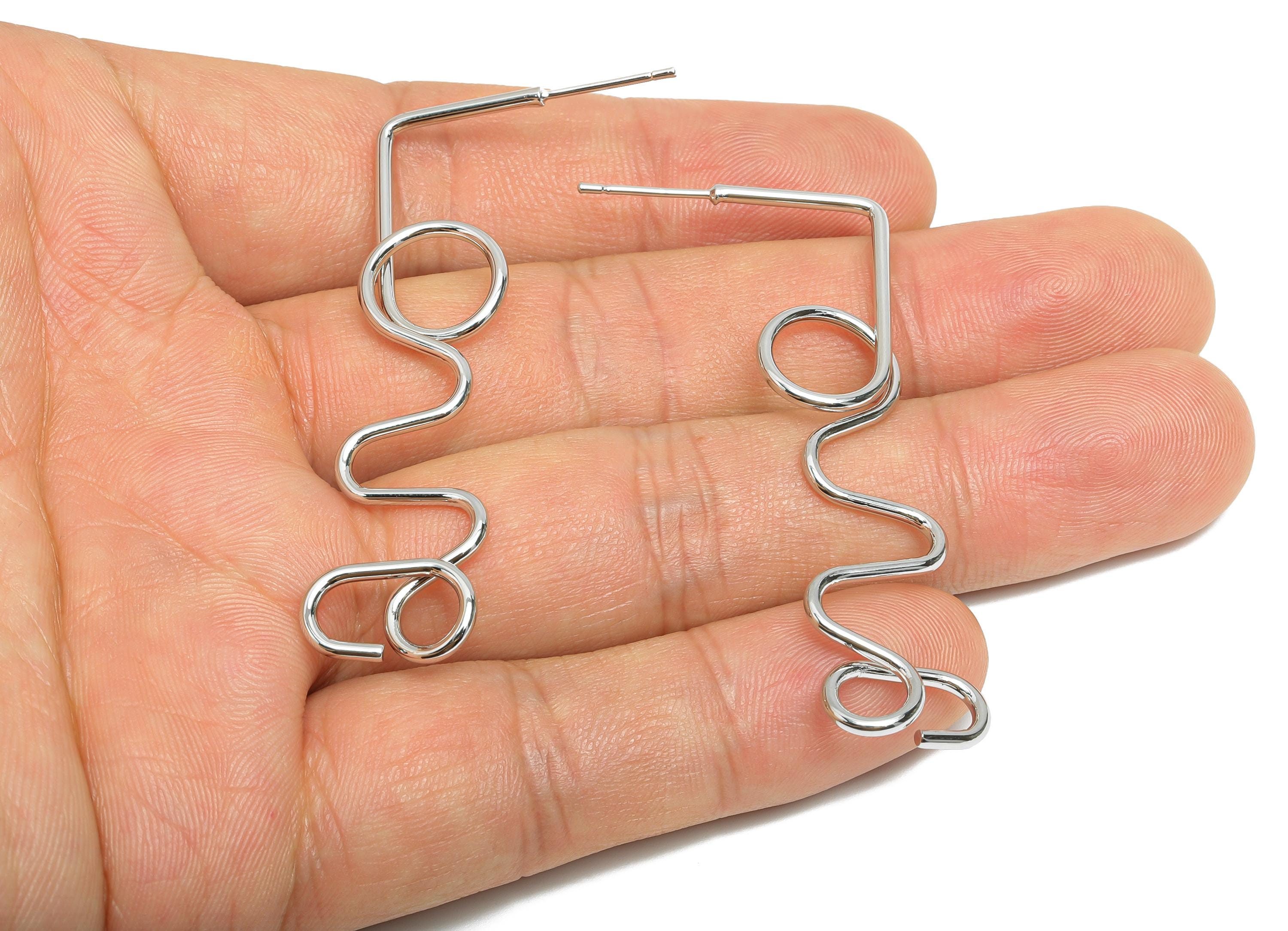 Brass Wire Earring Stud - Silver Abstract Love Wire Earring - Unique Irregular Earring - 18K White Gold Plated - 51.69x13.88x2.9mm -RGP9564S - DOMEDBAZAAR