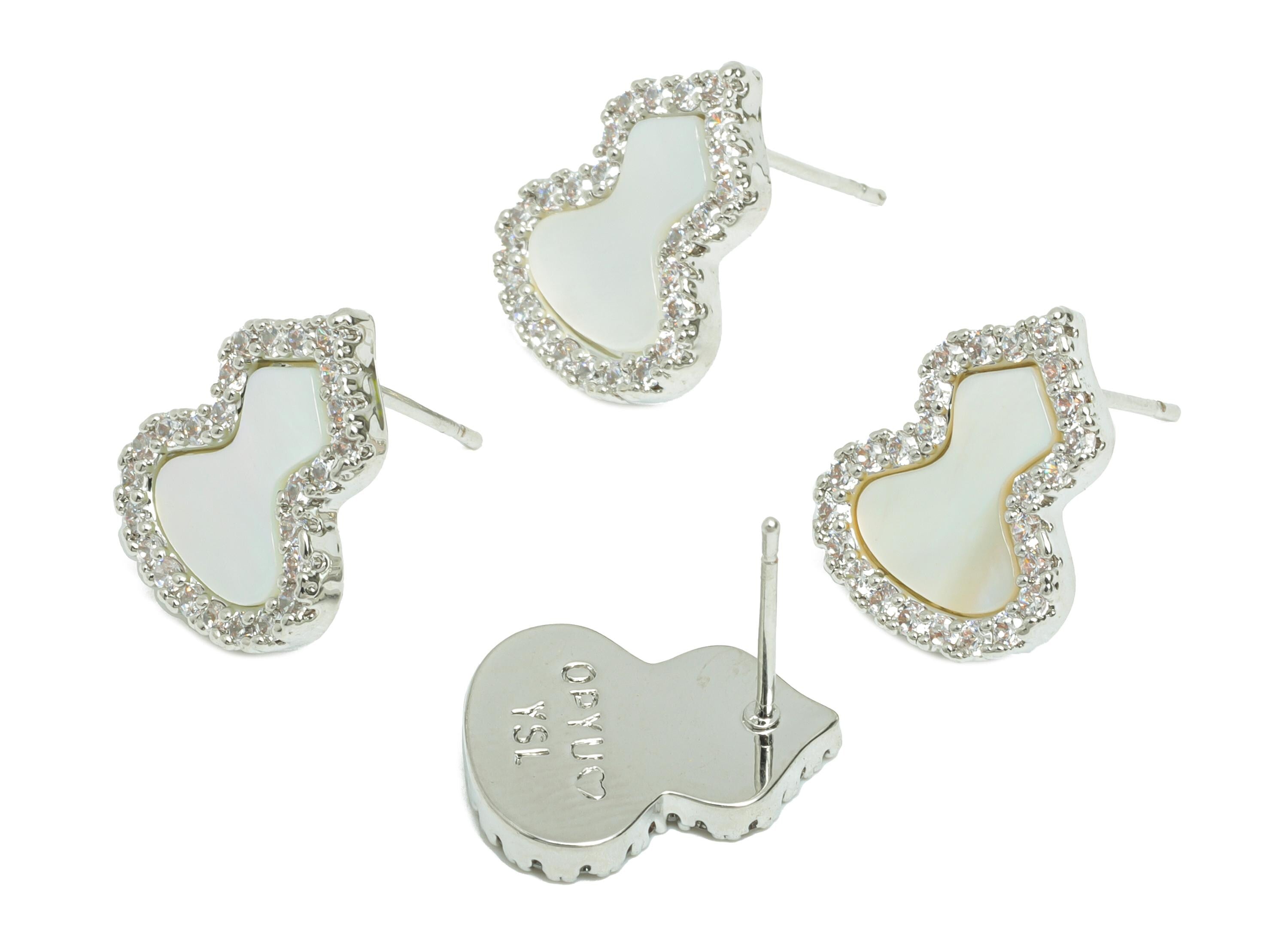 Sparkling Zircon Earring - Brass Gourd Seashell Earring - Refined Silver Earring Post - 18K White Gold Plated - 15.11x11.87x0.74mm -RGP9597A - DOMEDBAZAAR