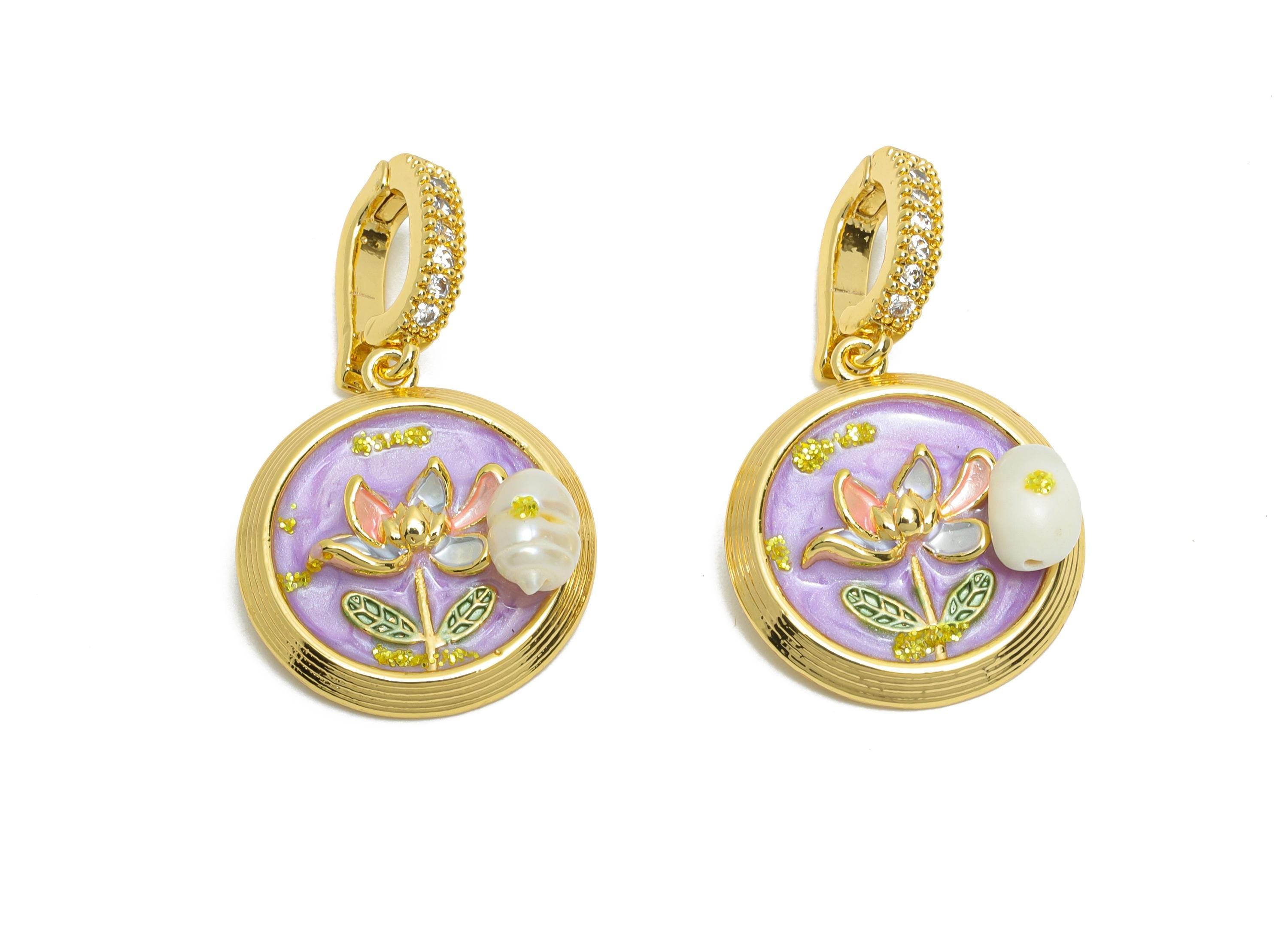 Brass Lotus Pendant - Brass Colorful Enamel Pearl Zircon Pendant - Nature Painting Pendant - 18K Real Gold Plated - 31x18x6mm -RGP10712 - DOMEDBAZAAR