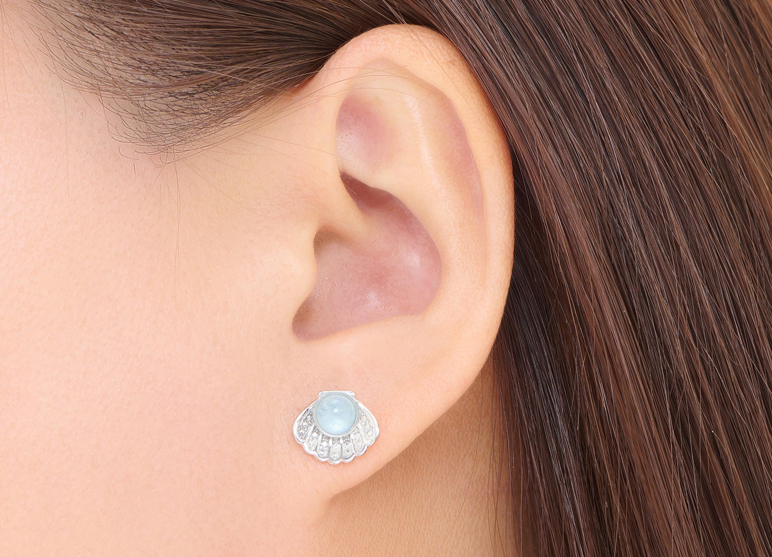 Aquamarine Brass Seashell Stud - Sparkling Gemstone Earring Post - Dainty Jewelry Making - Silver Stud - White K Plated - 11x9x5mm - NS2574 - DOMEDBAZAAR