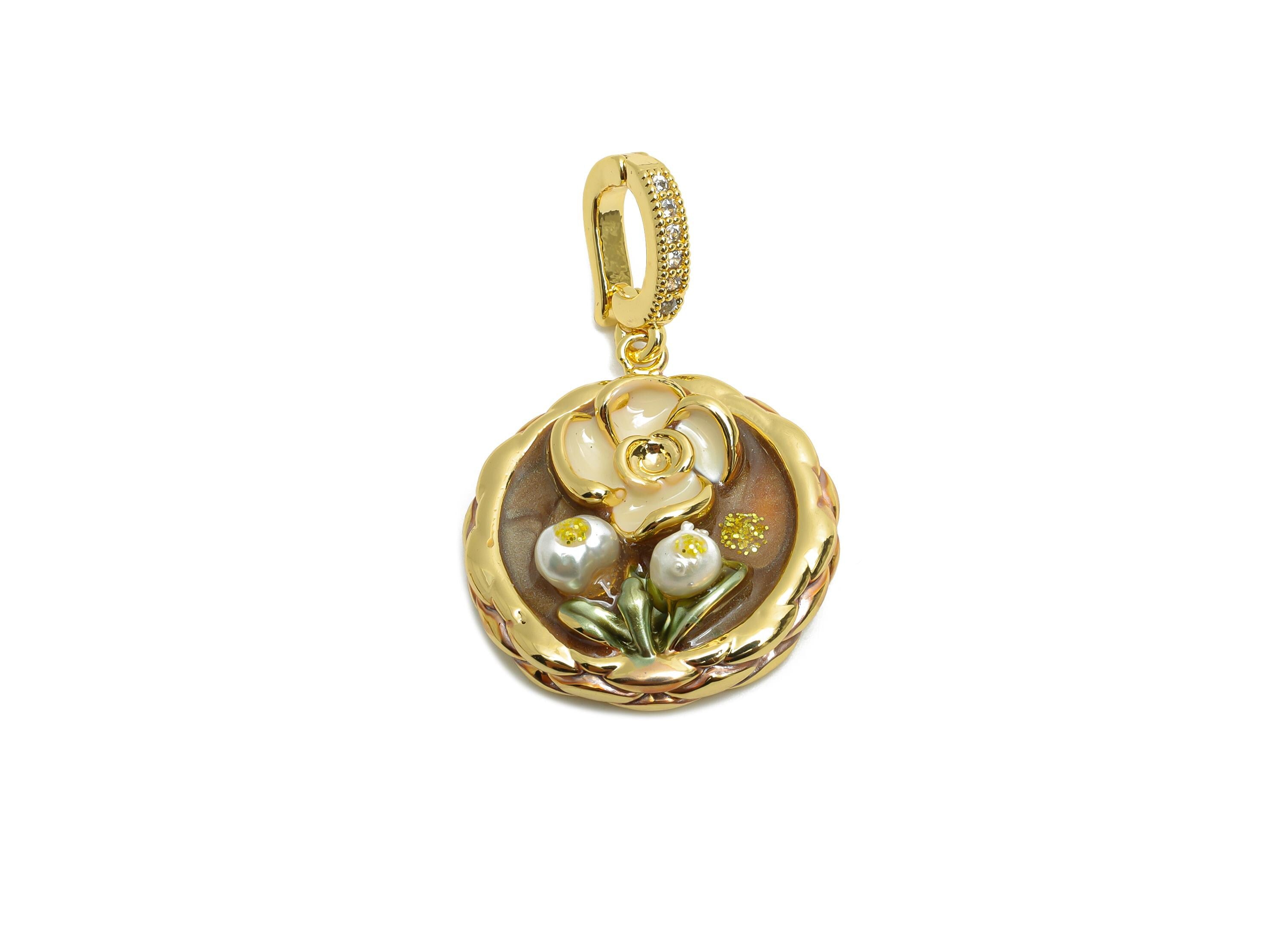 Elegant Floral Pendant - Brass Pearl Enamel Pendant - Dainty Vintage Bracelet Charm With Bail - 18K Real Gold Plated - 33x21x8mm - RGP10697 - DOMEDBAZAAR