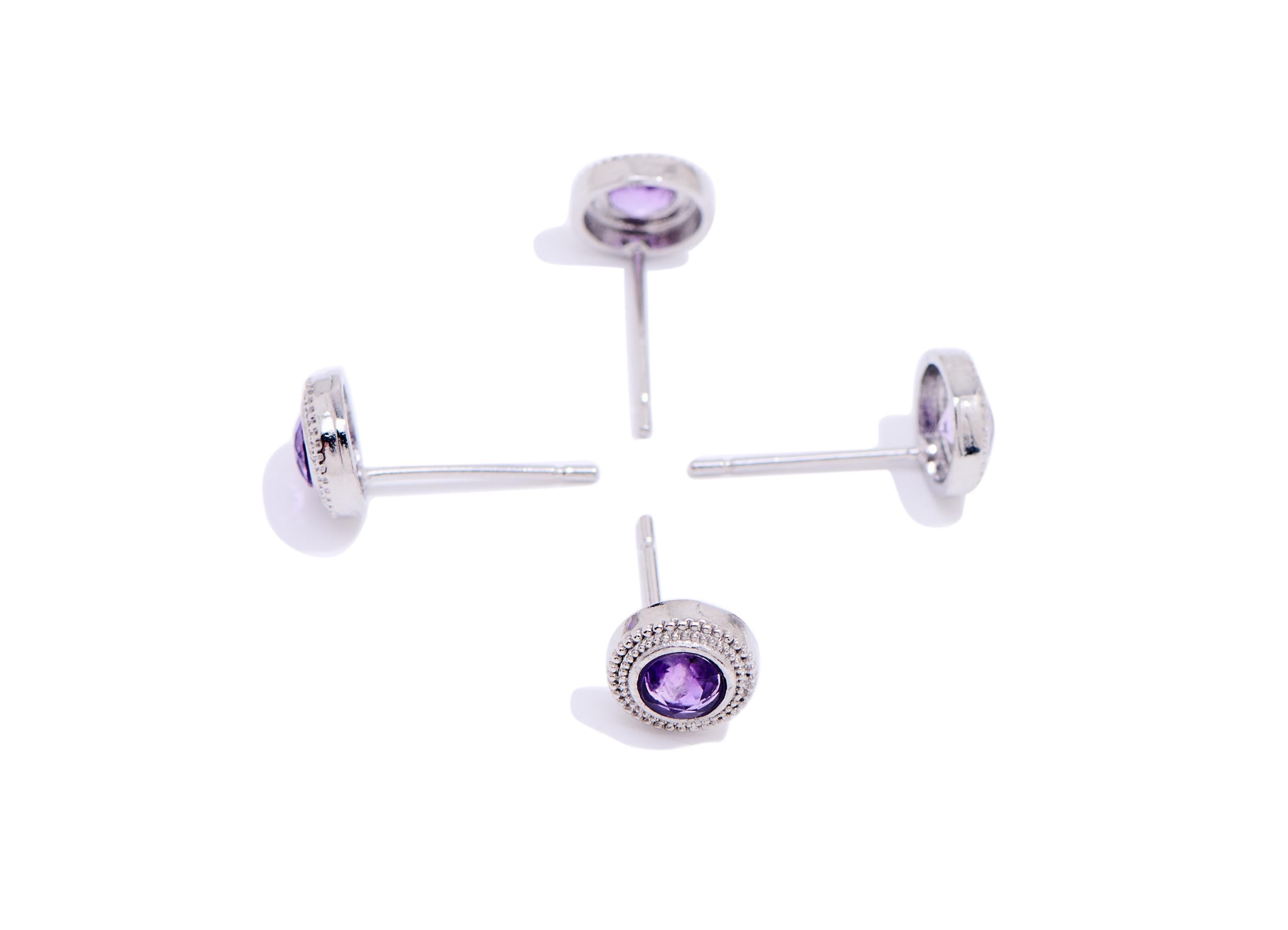Amethyst Brass Round Stud - Faceted Natural Gemstone Post - Elegant Jewelry Making - Silver Stud - White K Plated - 7.44x7.44x3mm - NS2582 - DOMEDBAZAAR