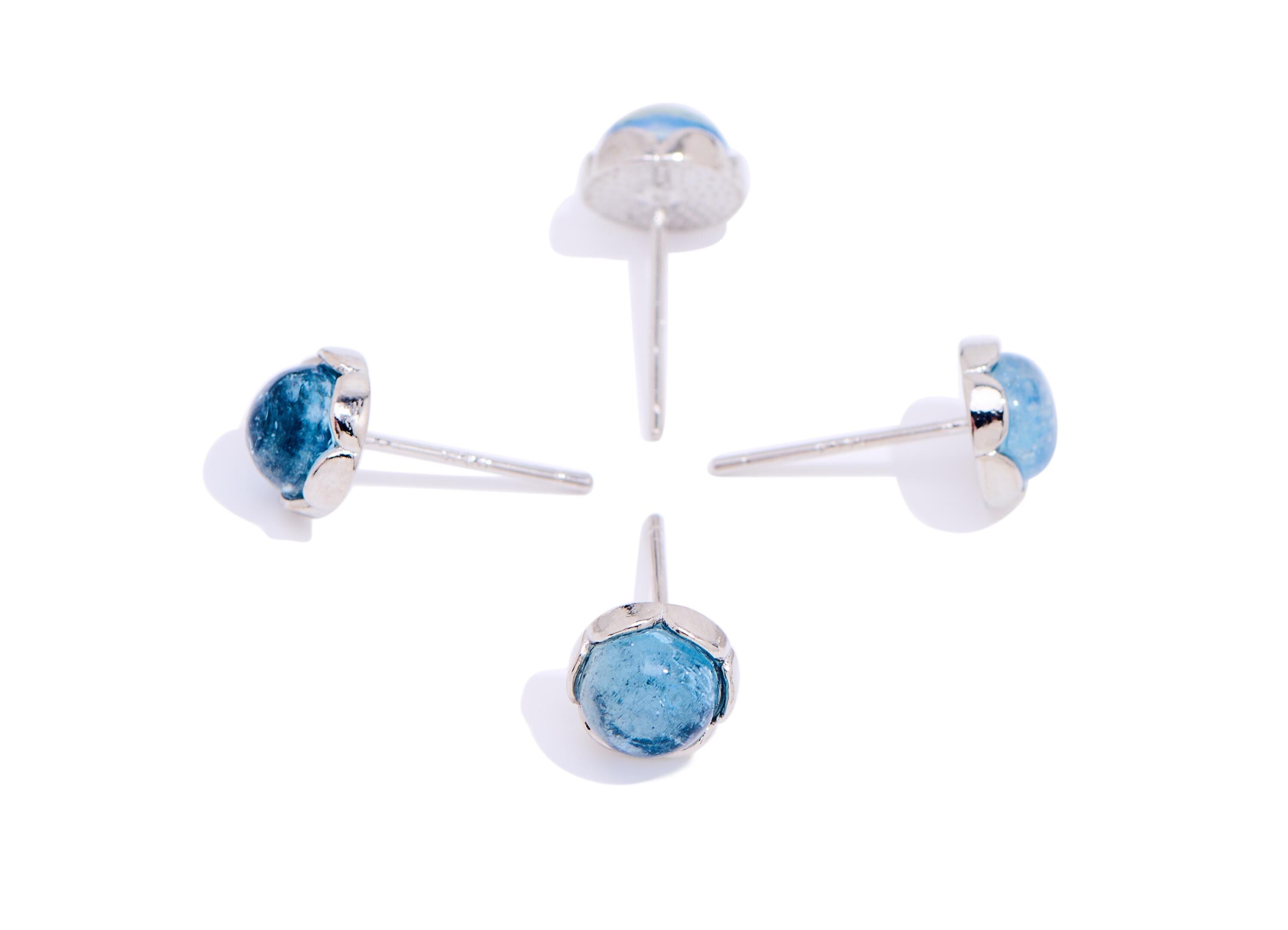Aquamarine Brass Round Stud - Sparkling Natural Gemstone Earring Post - Jewelry Making - Silver Stud - White K Plated - 7.6x7.6x3mm - NS2583 - DOMEDBAZAAR