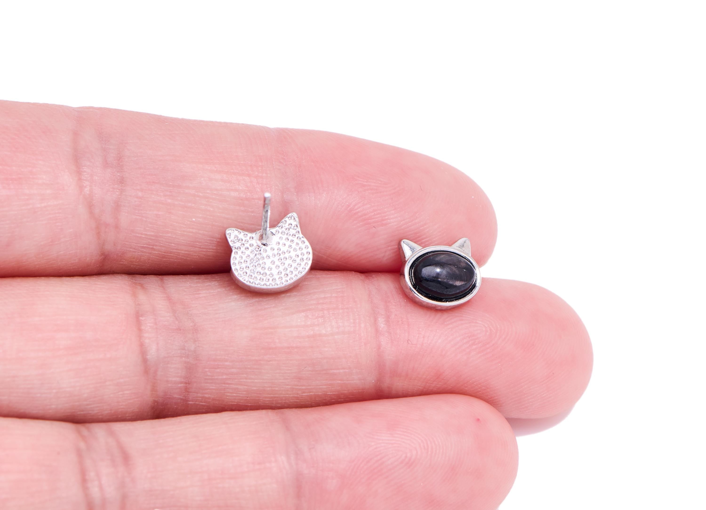 Gold luck Stone Cat Stud - Cute Brass Gemstone Earring Post - Dainty Animal Jewelry Making - Silver Stud - White K Plated - 8x7x4mm - NS2671 - DOMEDBAZAAR