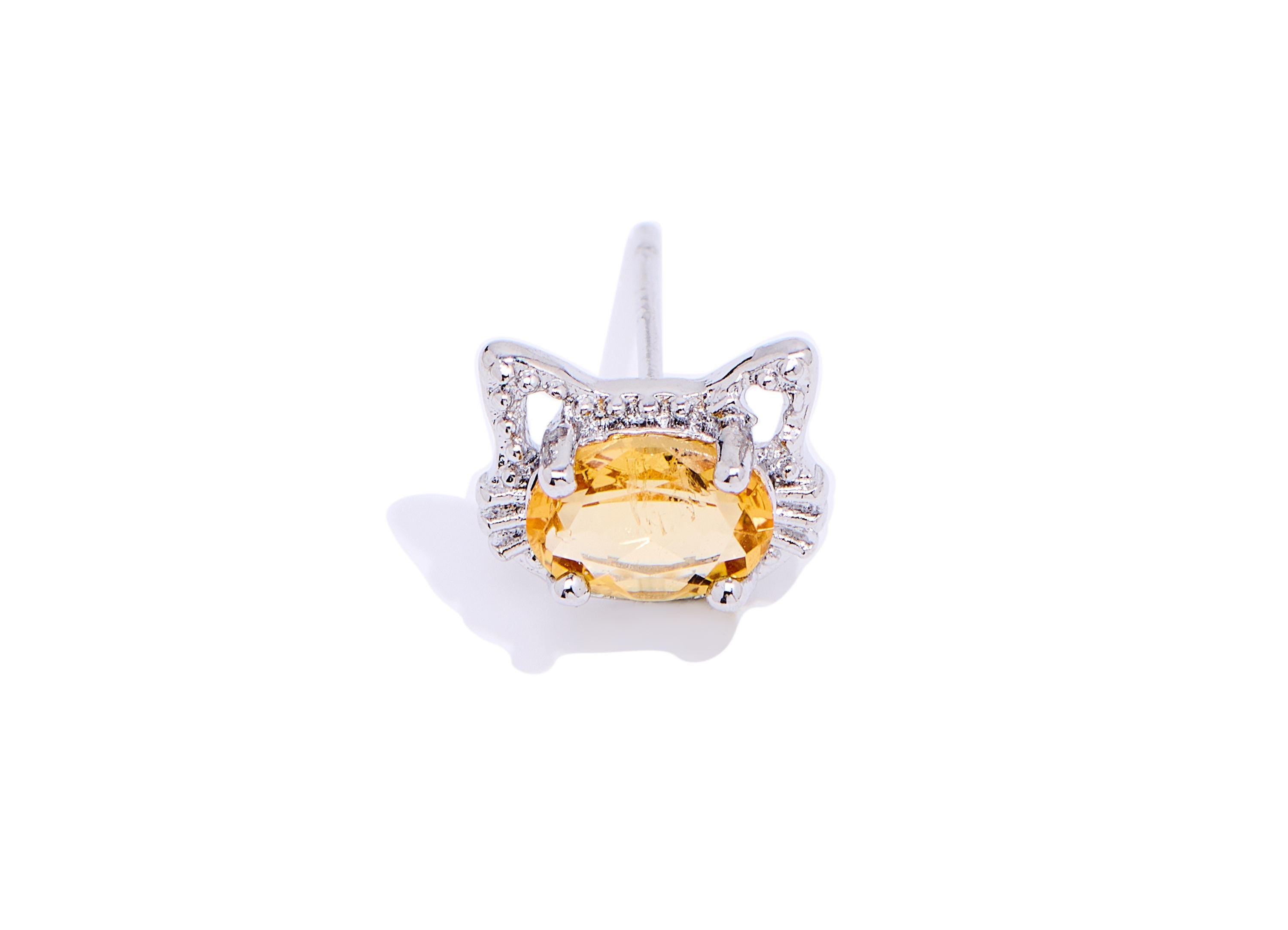Citrine Cat Stud - Sparkling Brass Gemstone Earring Post - Refined Animal Jewelry Making - Silver Stud - White K Plated - 10x8x4mm - NS2573 - DOMEDBAZAAR