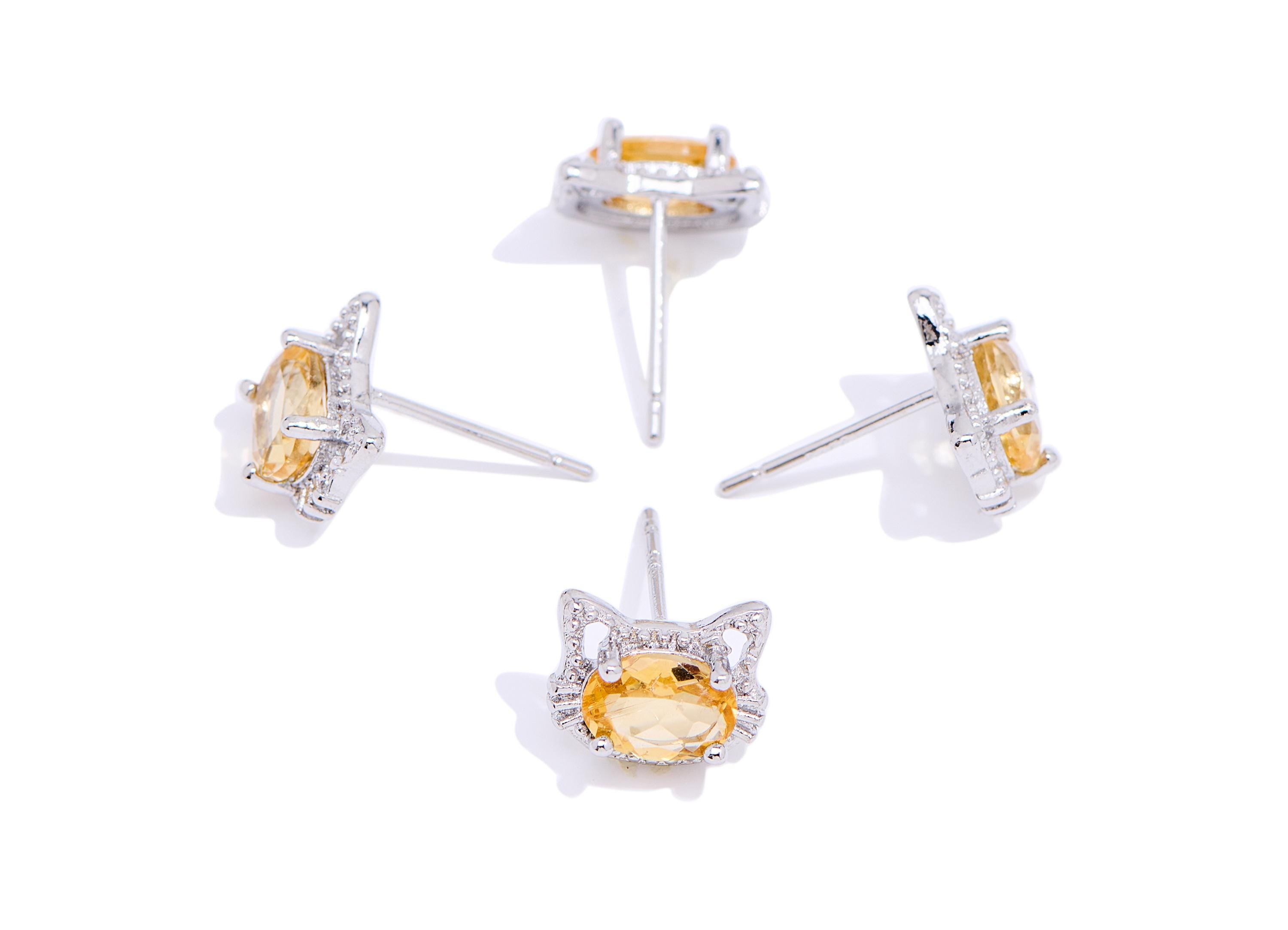 Citrine Cat Stud - Sparkling Brass Gemstone Earring Post - Refined Animal Jewelry Making - Silver Stud - White K Plated - 10x8x4mm - NS2573 - DOMEDBAZAAR