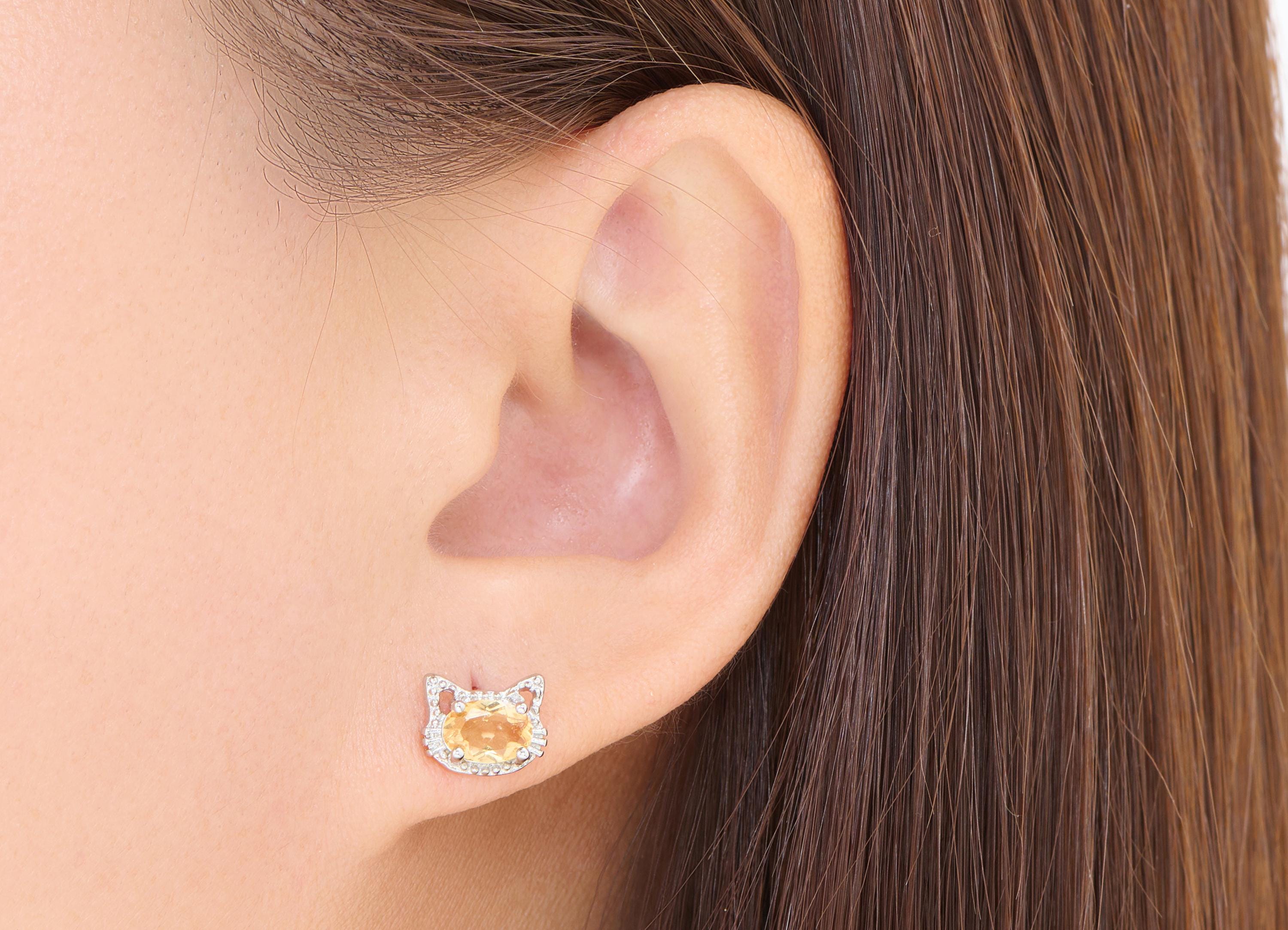 Citrine Cat Stud - Sparkling Brass Gemstone Earring Post - Refined Animal Jewelry Making - Silver Stud - White K Plated - 10x8x4mm - NS2573 - DOMEDBAZAAR