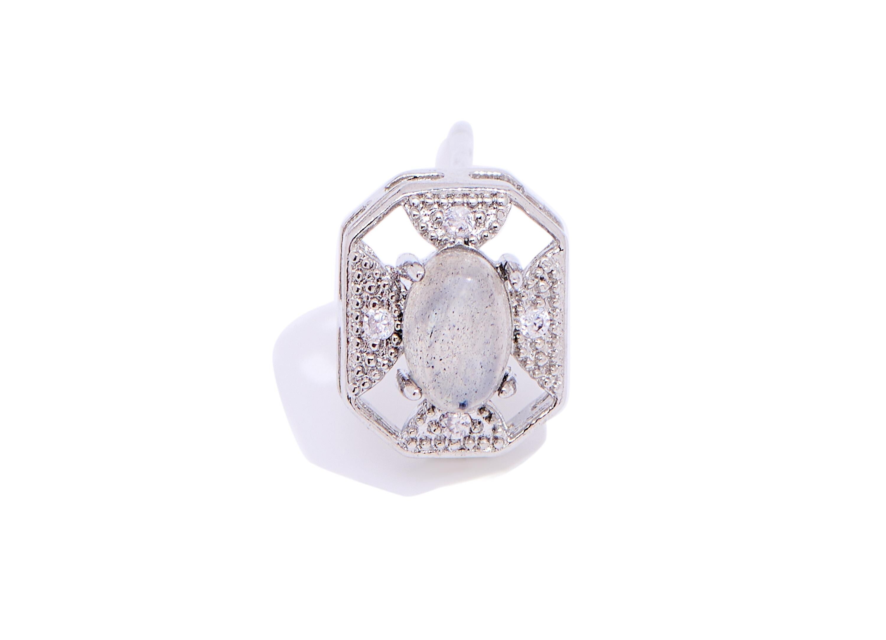 Moonstone Brass Hexagon Stud - Sparkling CZ Oval Gemstone Post - Dainty Jewelry Making - Silver Stud - White K Plated - 10.5x8.6x6mm -NS2674 - DOMEDBAZAAR