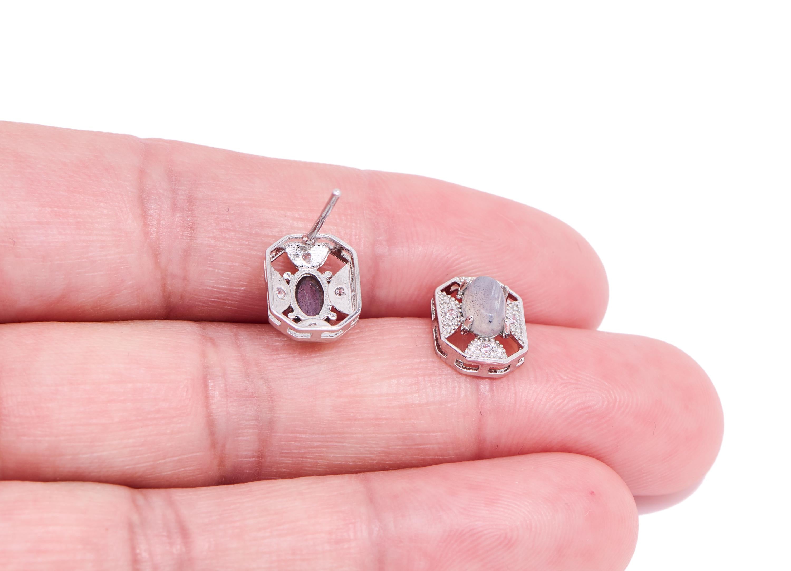 Moonstone Brass Hexagon Stud - Sparkling CZ Oval Gemstone Post - Dainty Jewelry Making - Silver Stud - White K Plated - 10.5x8.6x6mm -NS2674 - DOMEDBAZAAR