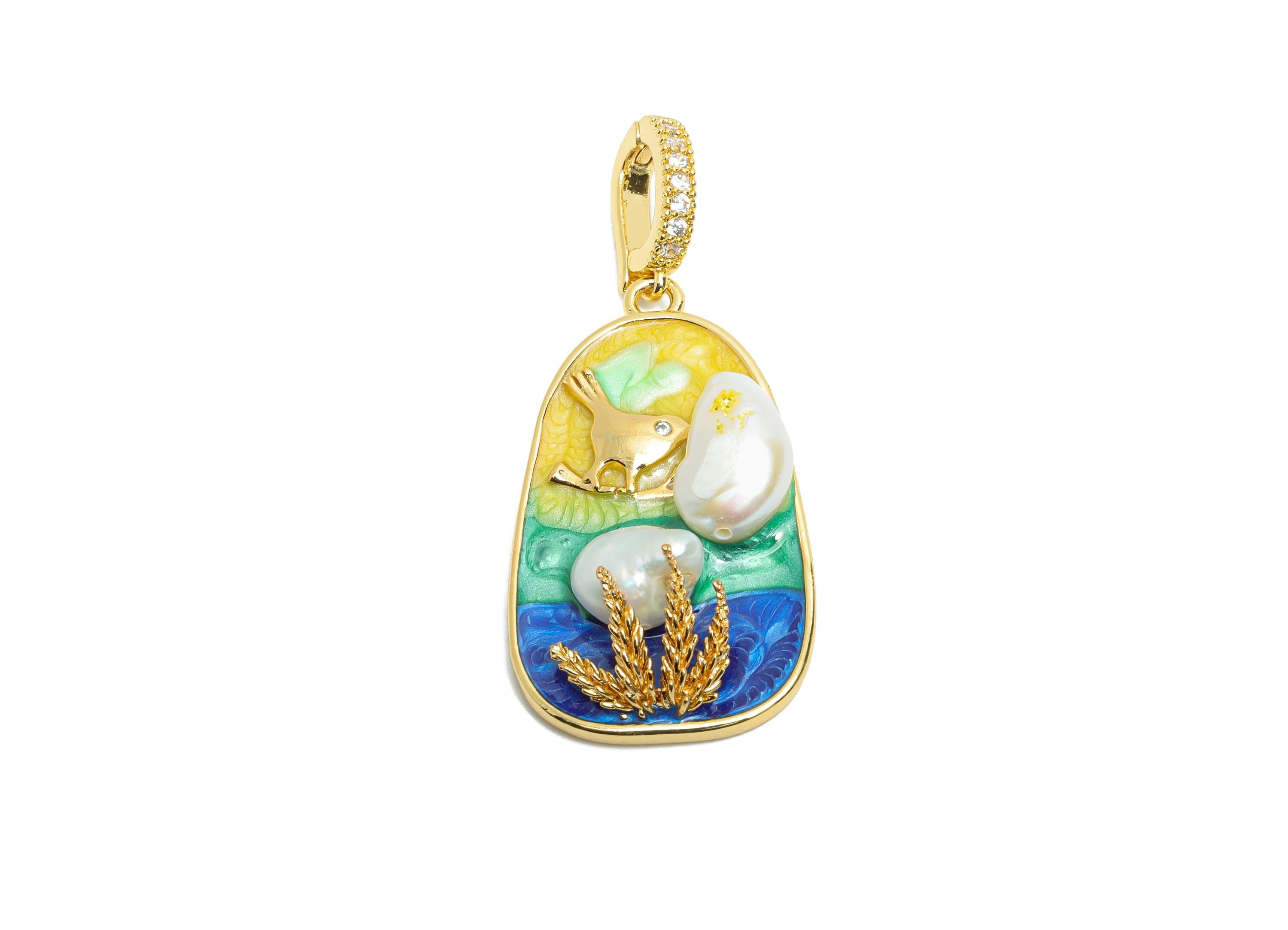 Elegant Bird Pendant - Brass Luxury Enamel Pendant With Pearl - Vintage Looking With Bail - 18K Real Gold Plated - 46x20x7.87mm - RGP10699 - DOMEDBAZAAR