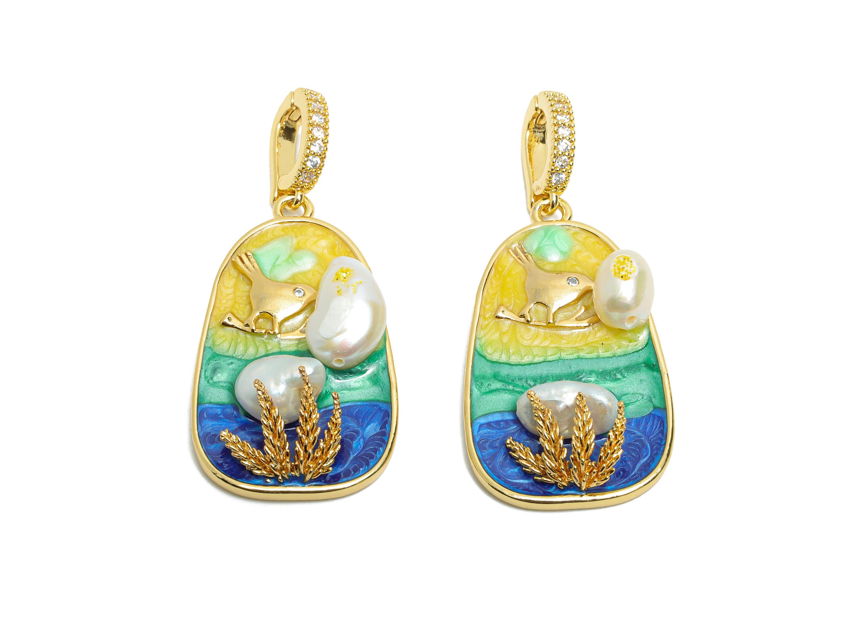 Elegant Bird Pendant - Brass Luxury Enamel Pendant With Pearl - Vintage Looking With Bail - 18K Real Gold Plated - 46x20x7.87mm - RGP10699 - DOMEDBAZAAR