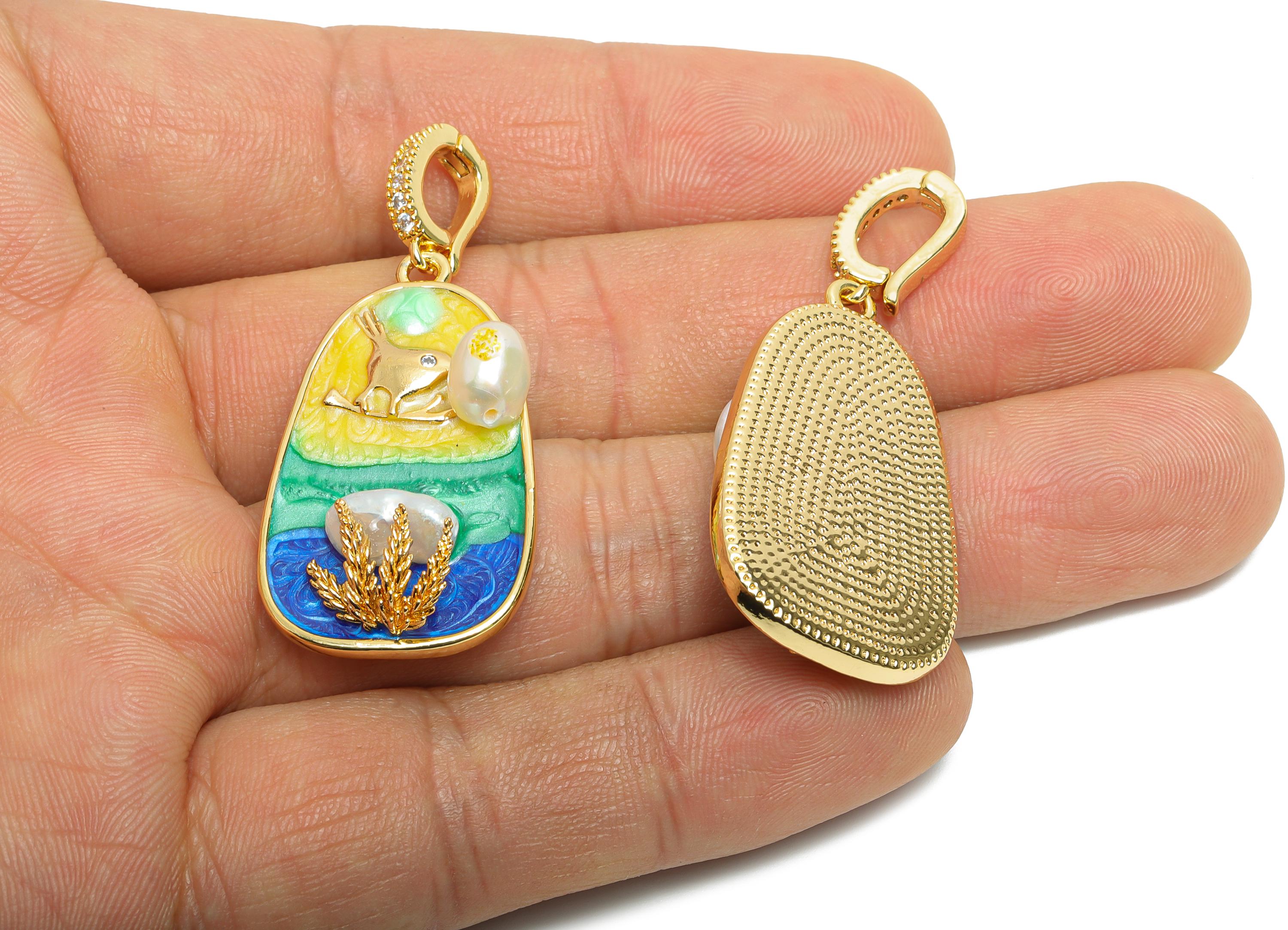 Elegant Bird Pendant - Brass Luxury Enamel Pendant With Pearl - Vintage Looking With Bail - 18K Real Gold Plated - 46x20x7.87mm - RGP10699 - DOMEDBAZAAR