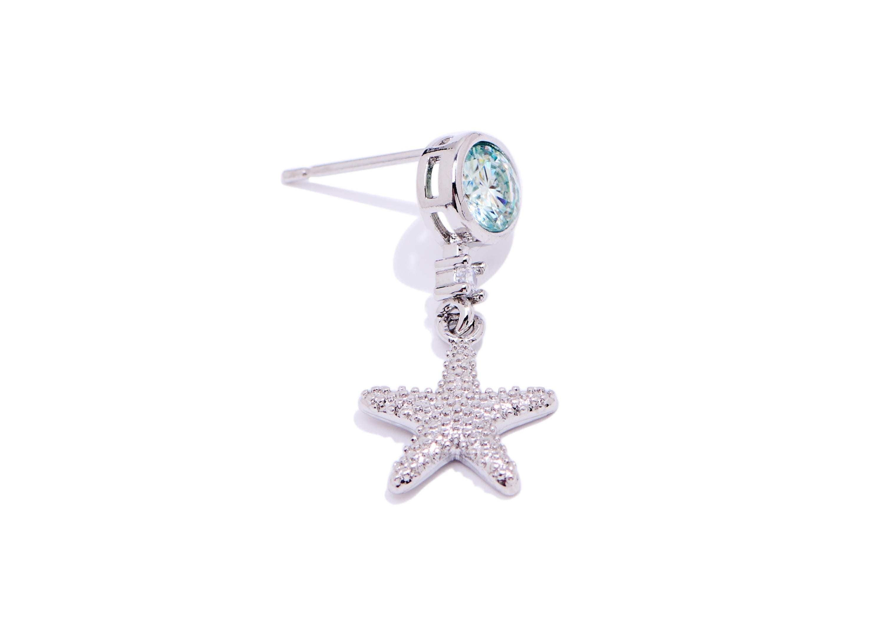 Mosan Stone Dangle Starfish Stud - Sparking Brass Zircon Dangle Earring Post - Dainty Jewelry Making - White K Plated - 23x11x3mm - NS2638 - DOMEDBAZAAR