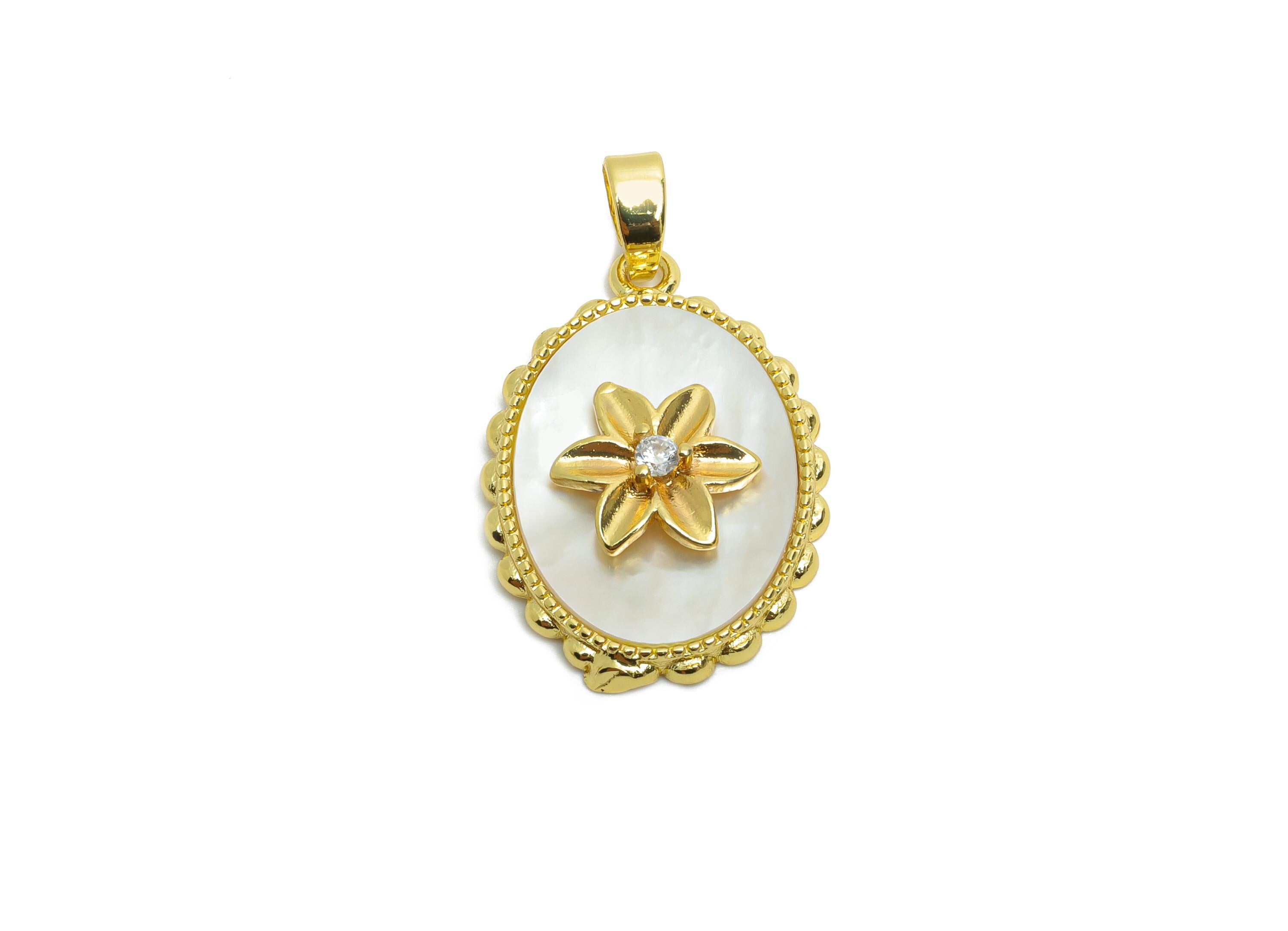 Brass Floral Shell Pendant - Brass Gold Vintage Looking Pendant - Cubic Zircon Flower With Bail - 18K Real Gold Plated - 22x15x4mm -RGP10622 - DOMEDBAZAAR