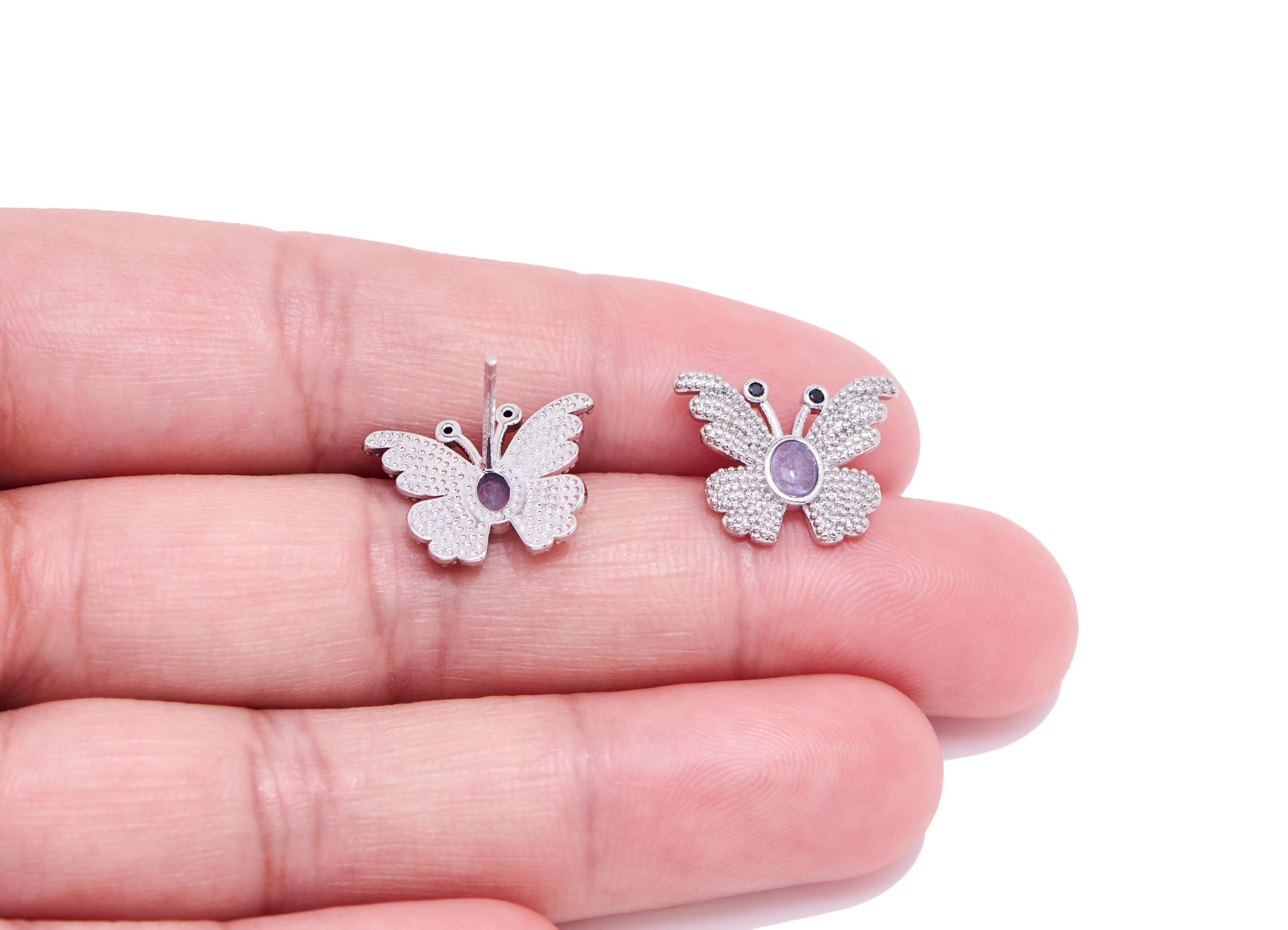 Tanzanite Brass Butterfly Studs - Elegant Gemstone Insect Post - Dainty Jewelry Making - Silver Stud - White K Plated - 15.6x12x3mm - NS2579 - DOMEDBAZAAR