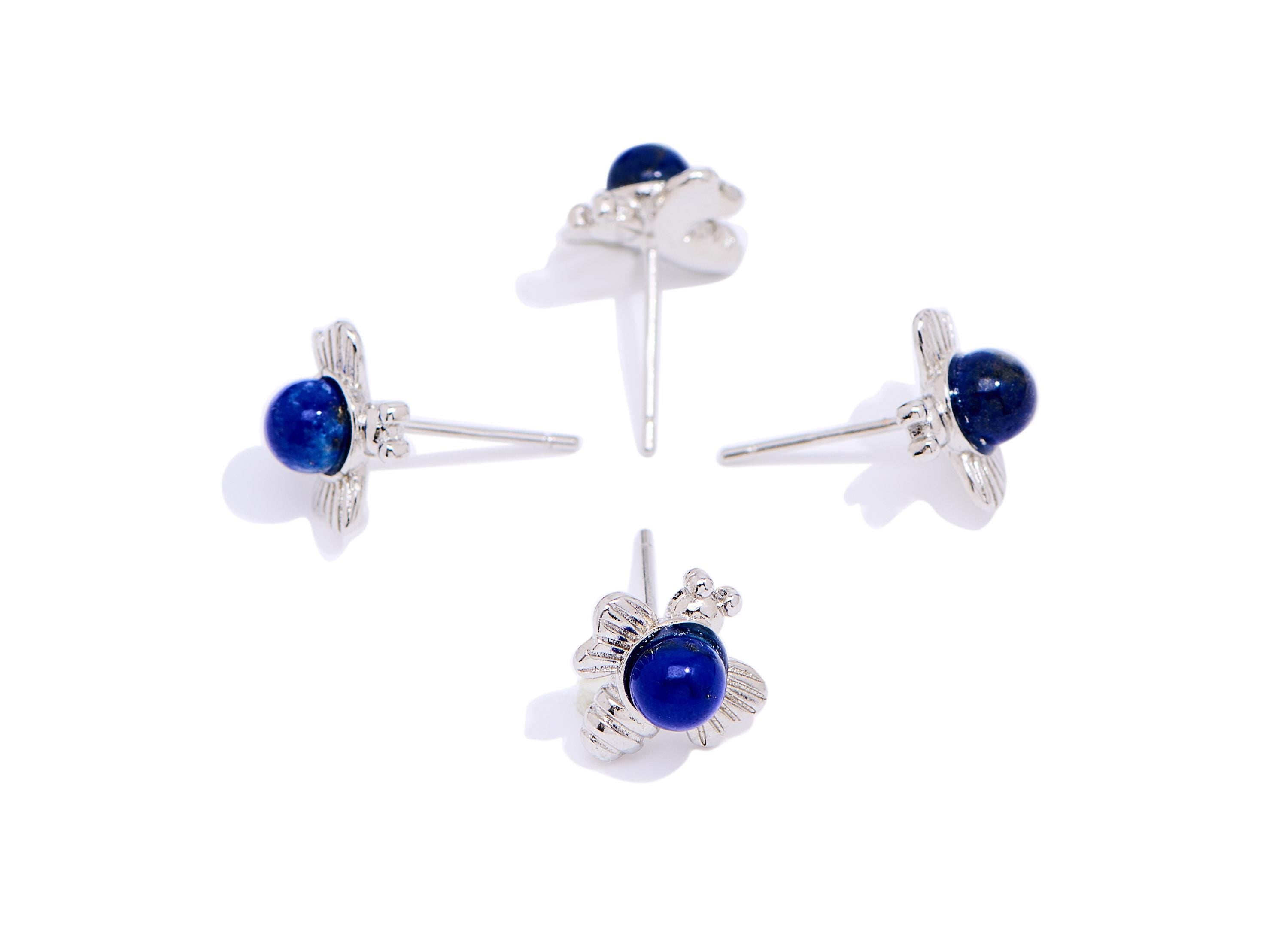 Lapis lazuli Brass Bee Stud - Textured Gemstone Insect Post - Dainty Jewelry Making - Silver Stud - White K Plated - 10.84x11x6mm - NS2590 - DOMEDBAZAAR
