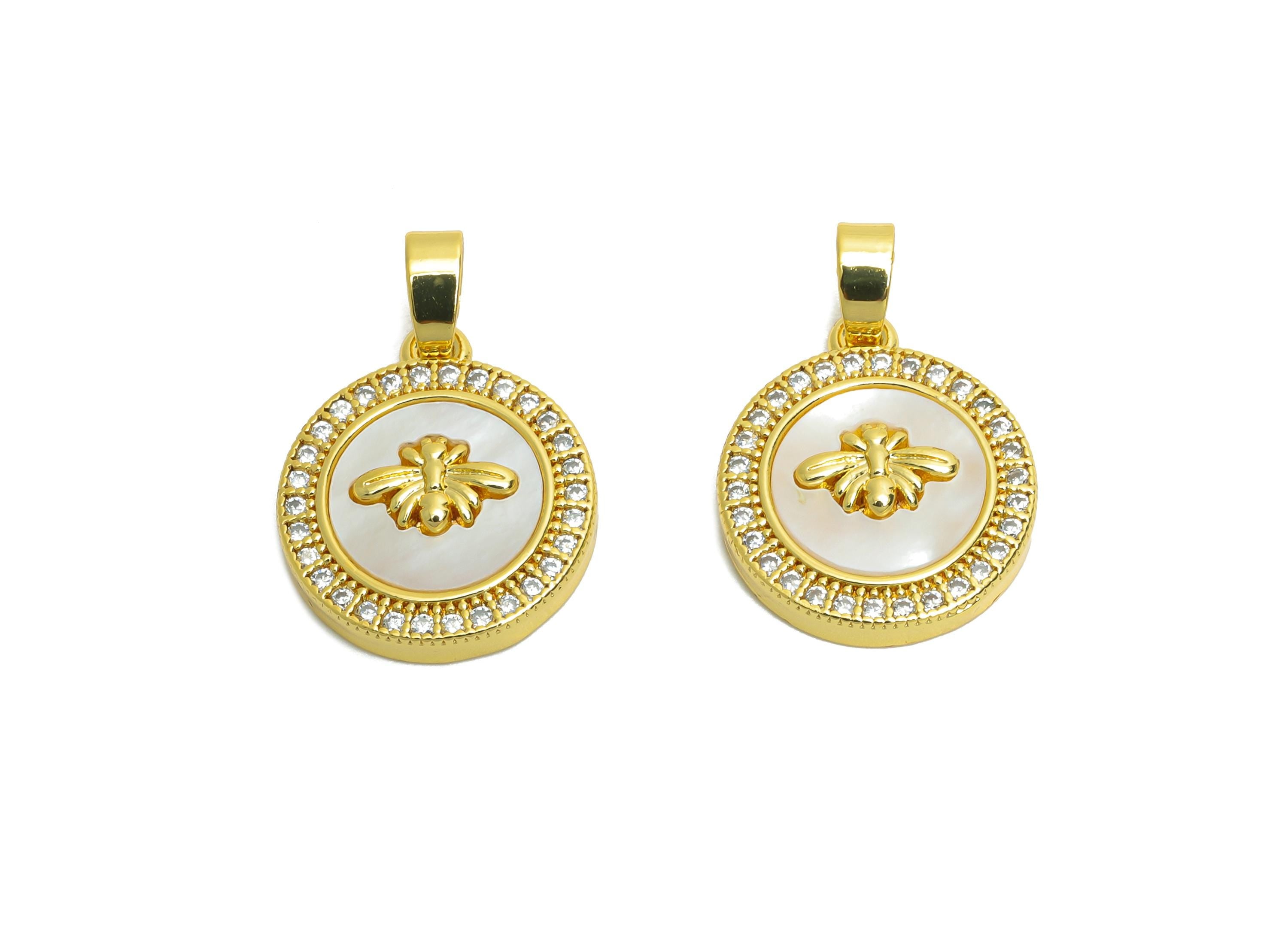 Brass Bee Shell Pendant - Brass Gold Bee Cubic Zircon Pendant - Luxury Dainty Pearl Pendant - 18K Real Gold Plated - 16x14.16x3mm - RGP10625 - DOMEDBAZAAR