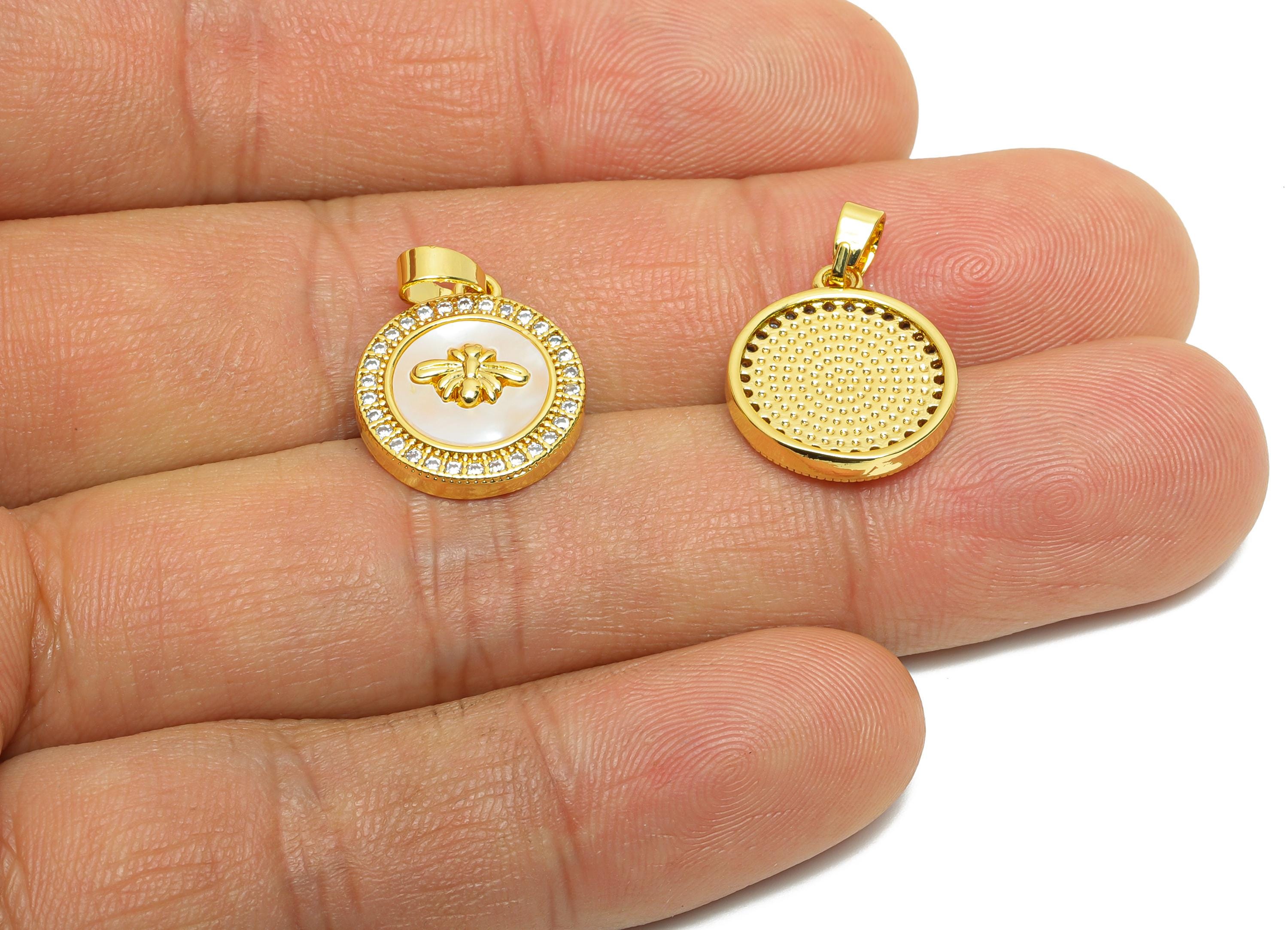 Brass Bee Shell Pendant - Brass Gold Bee Cubic Zircon Pendant - Luxury Dainty Pearl Pendant - 18K Real Gold Plated - 16x14.16x3mm - RGP10625 - DOMEDBAZAAR
