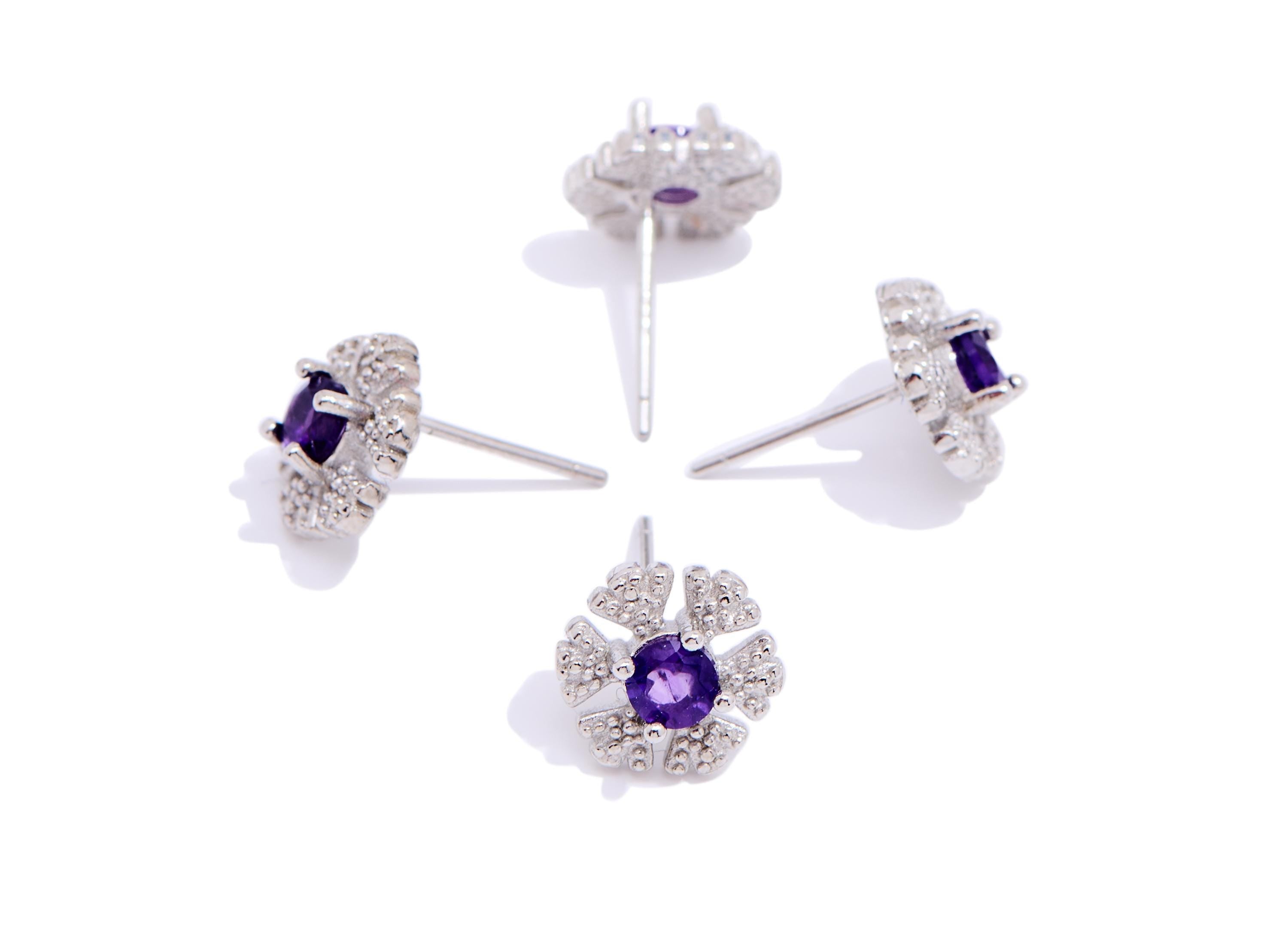 Amethyst Brass Snowflake Studs - Sparkling Gemstone Earring Posts - Jewelry Making - Silver Stud - White K Plated - 9.35x9.9x3.72mm - NS2594 - DOMEDBAZAAR