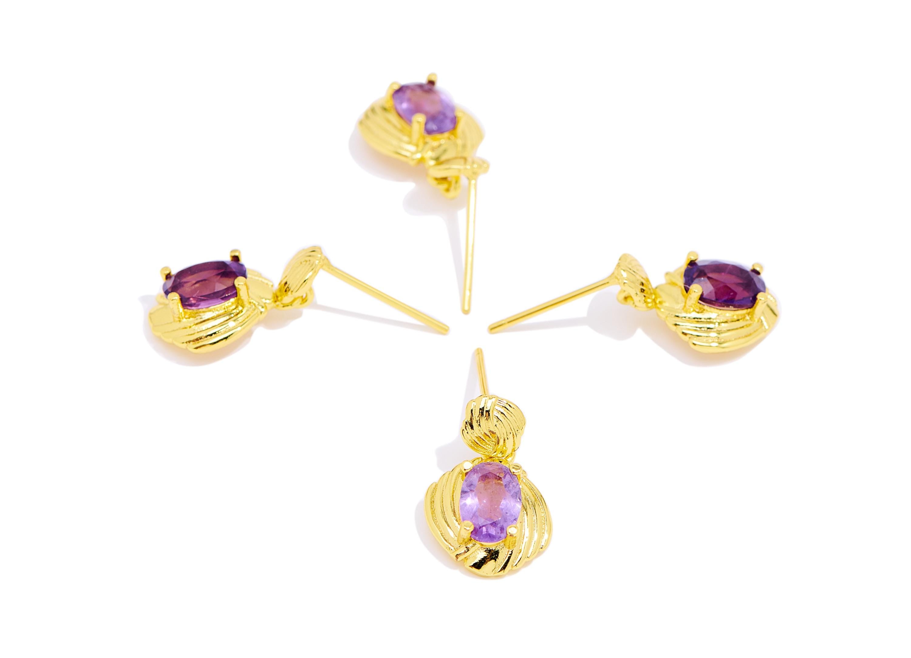 Amethyst Brass Dangle Stud - Vintage Faceted Gemstone Post - Elegant Jewelry Making - Silver Stud - Gold 24K Plated - 16.7x9.6x4.3mm -NS2631 - DOMEDBAZAAR