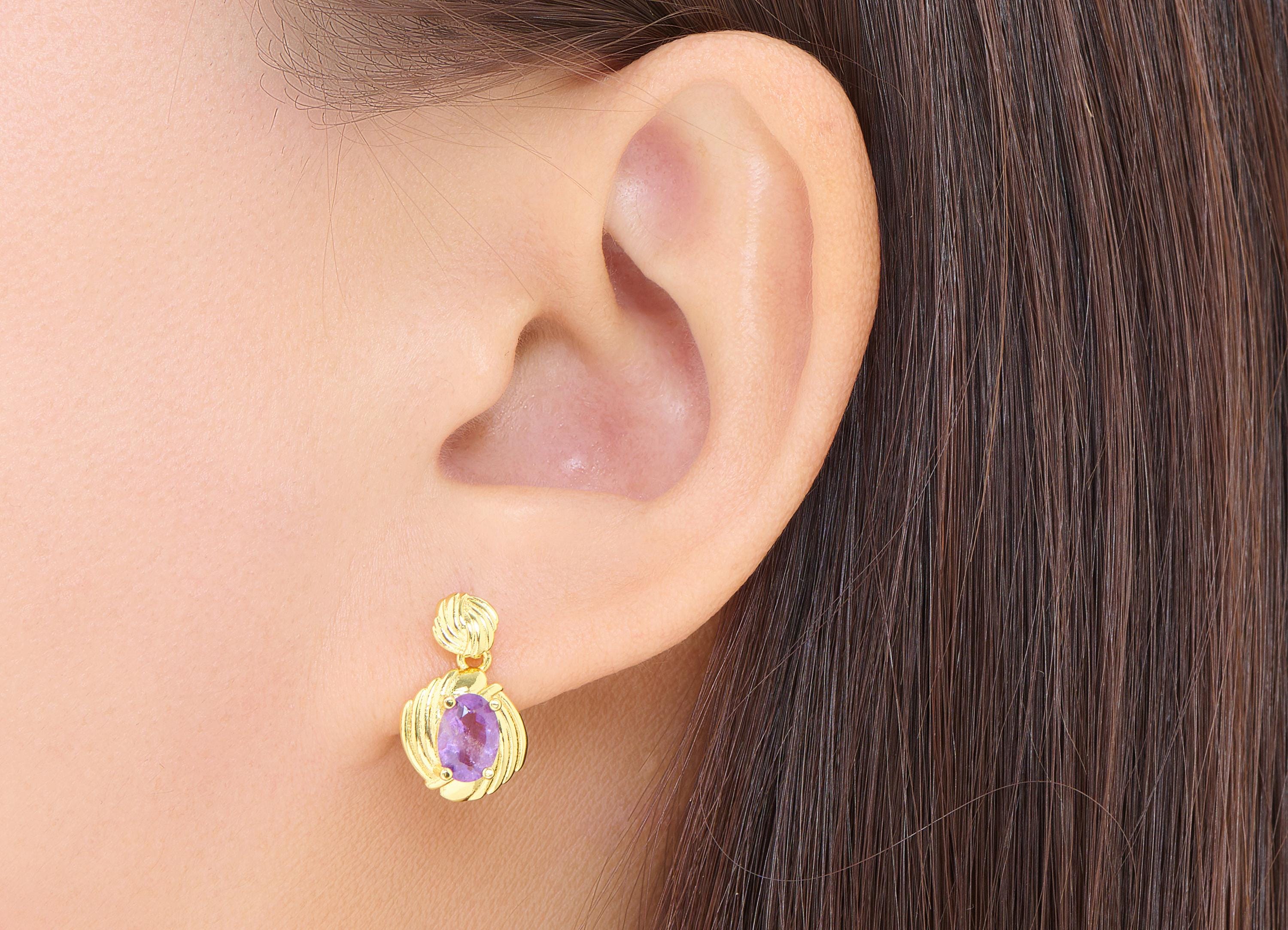 Amethyst Brass Dangle Stud - Vintage Faceted Gemstone Post - Elegant Jewelry Making - Silver Stud - Gold 24K Plated - 16.7x9.6x4.3mm -NS2631 - DOMEDBAZAAR